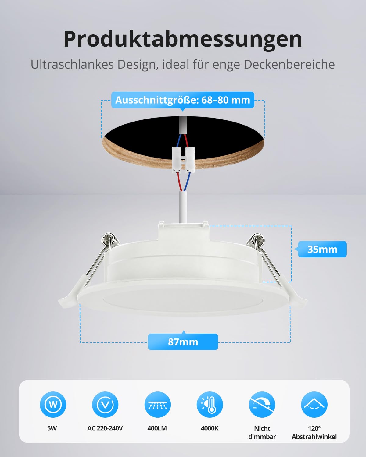 Gr4tec LED Einbaustrahler 230V IP65, 10er-Set 5W LED Spots Flach Neutralweiß 4000K 400LM, Deckenspots 68-80mm Loch, Spots Deckenleuchte Einbauleuchten Weiß für Badezimmer Küche Wohnzimmer