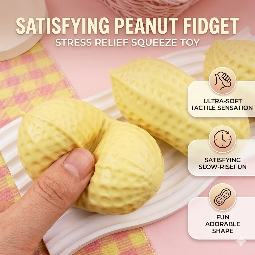 Peanut Squishy Stress Relief Toy, Slow Rising Peanut Stress Ball, Soft Sensory Squeeze Fidget for Anxiety Relief, Cute Peanut Shaped Desk Toy Party Favor Gift (6pc)