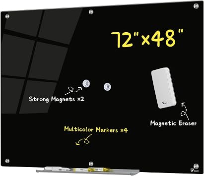 TOWON 6 x 4ft Glass Whiteboard Wall, Black Magnetic White Board Dry Erase 72 x 48 in, Big Glass Dry Erase Board with Multi-Color Markers, Strong Magnets, Pen Tray and Eraser, Frameless