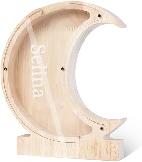 Wooden Piggy Bank, Personalized Name and Text Coin Bank Money Box Wooden Piggy Bank ​Education Gift for Kids, Christmas Birthday Gift Home Decoration (Moon)