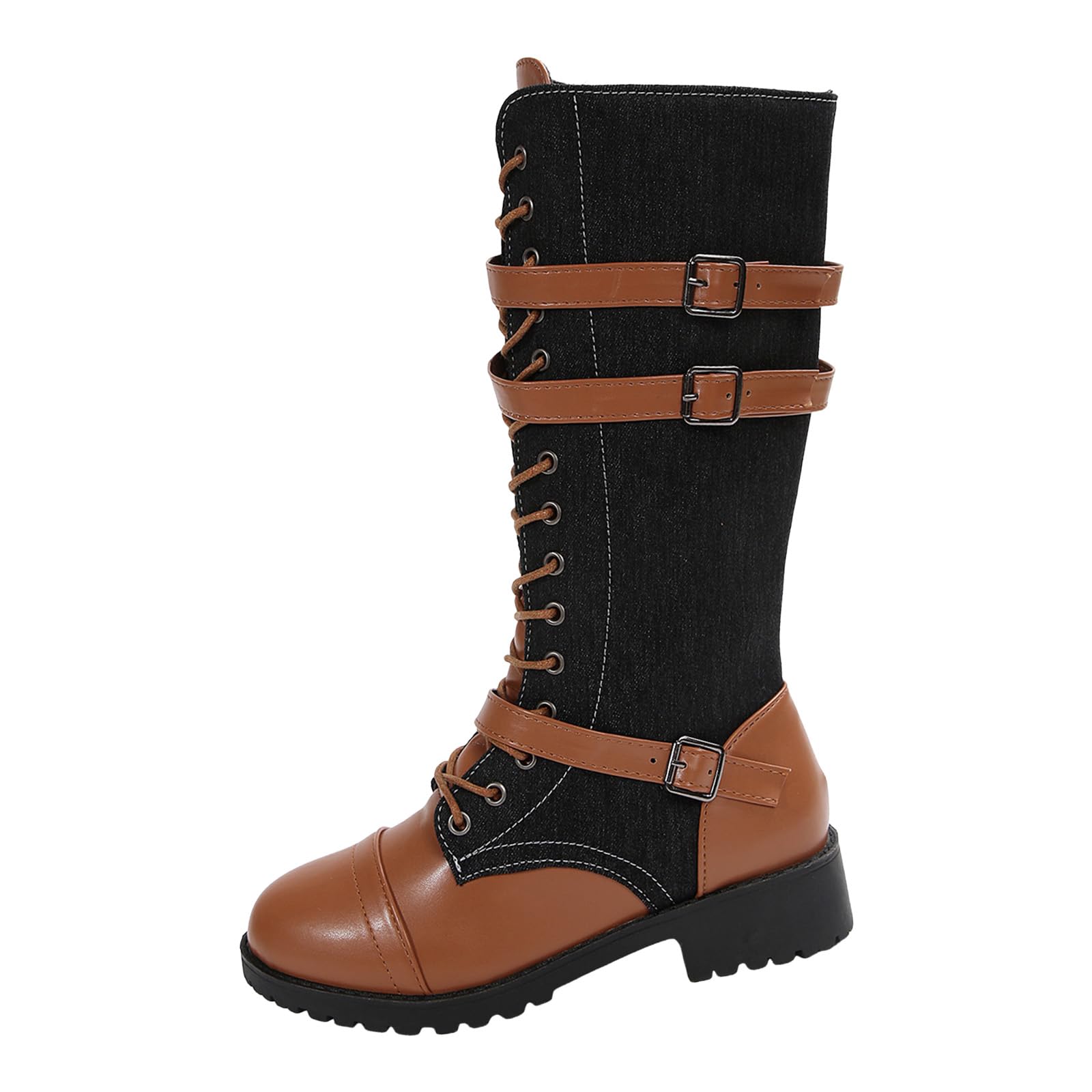 Womens Mid Calf Riding Combat Boots Womens Denim Leather Low Heels Lace Up Zipper Motorcycle Boots Fashion Buckle
