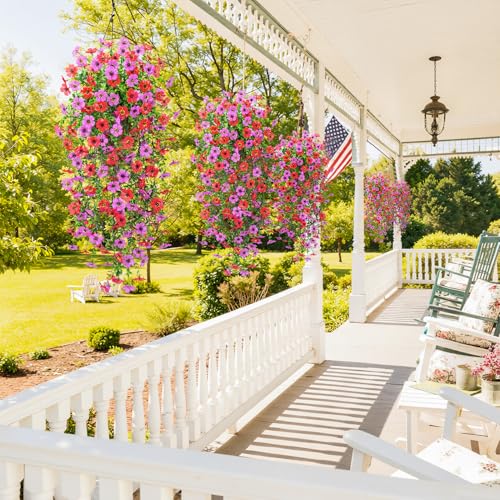 Image of Bassion 4 Pcs Artificial Hanging Flowers for Outdoors, Red Fuschia | Realistic fake silk flowers, UV resistant, faux plants, for outside home patio garden balcony yard front door porch decor