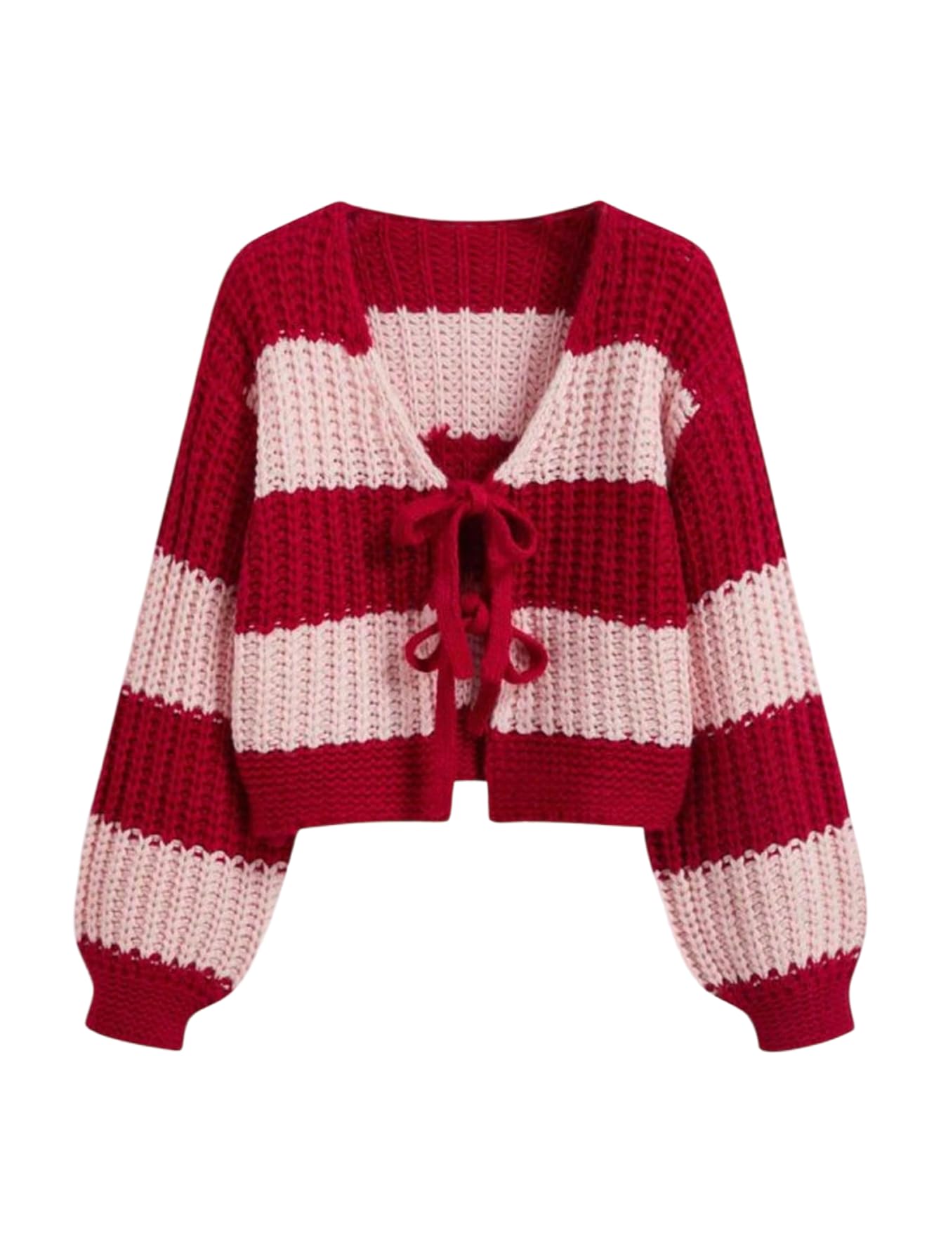 GORGLITTER Womens Chunky Knit Cardigan Bow Tie Front Color Block Long Sleeve Trendy Cardigans Sweaters