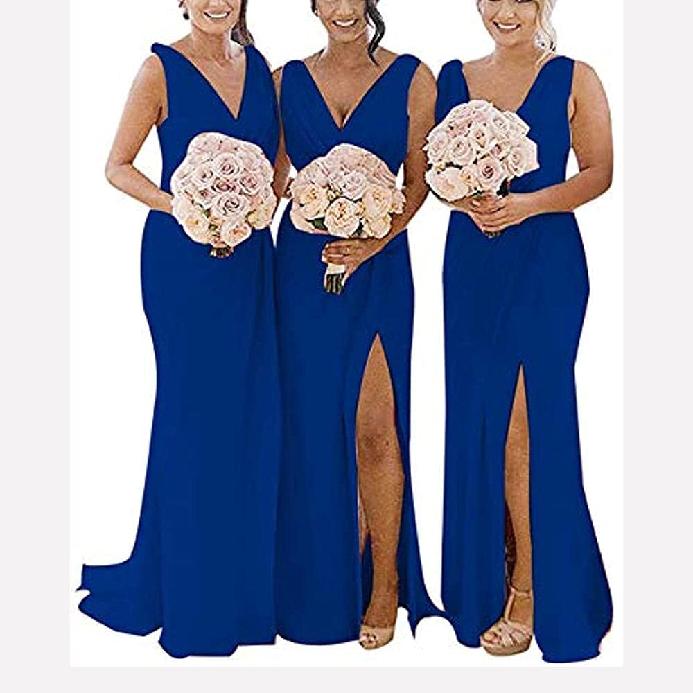 yhfshop Long Evening Dresses,Double shoulder V-neck chiffon slit evening gown-Royal blue_42,Prom Ball Gown Bridesmaids Dresses
