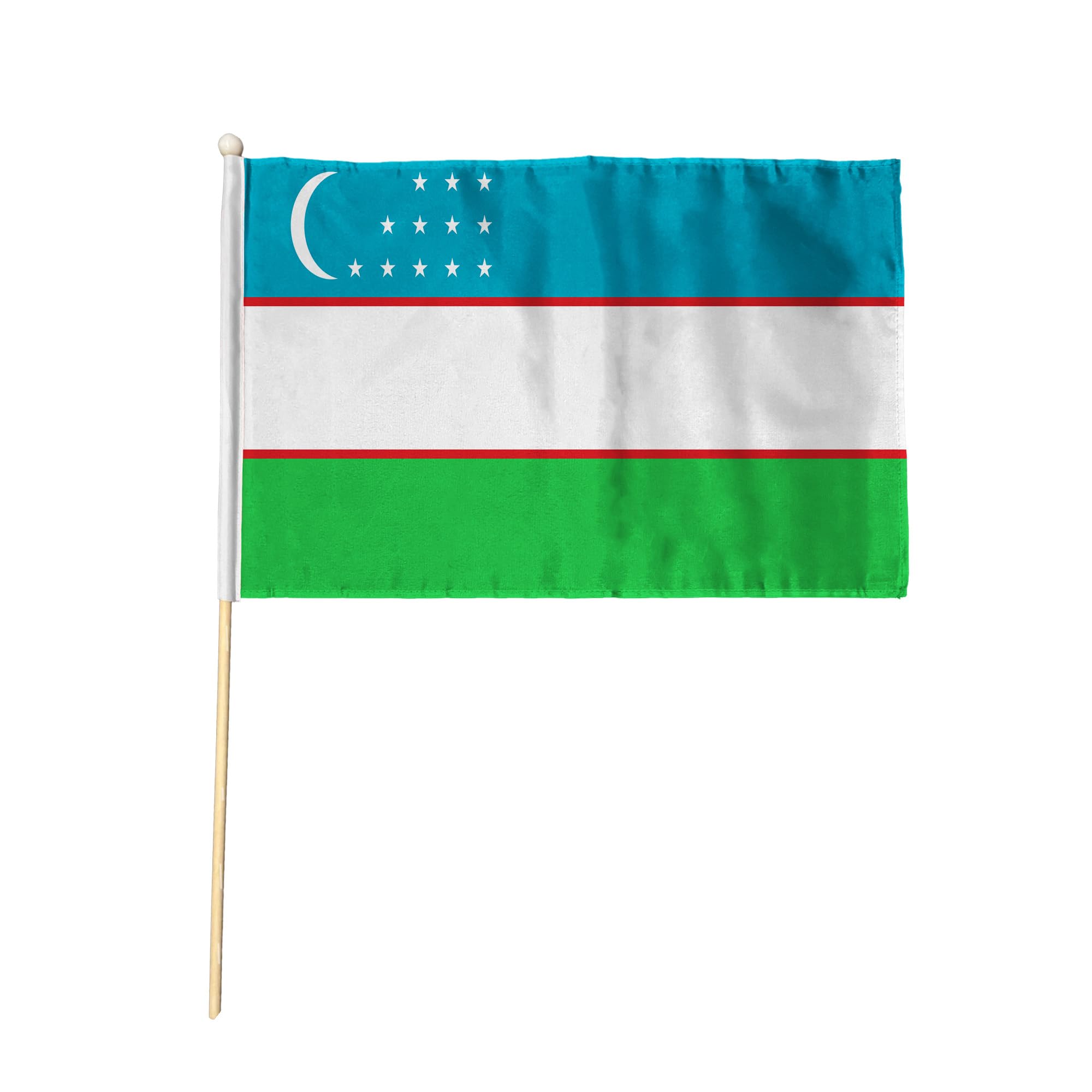 Flagtex Uzbekistan Pack of 2 Hand Waving Flag (18x12 Inch Large) - Premium Wooden Stick Hand Flag Big Size Natural Wood Pole Uzbek National Flag Events Parades Celebrations International Sports — image 1