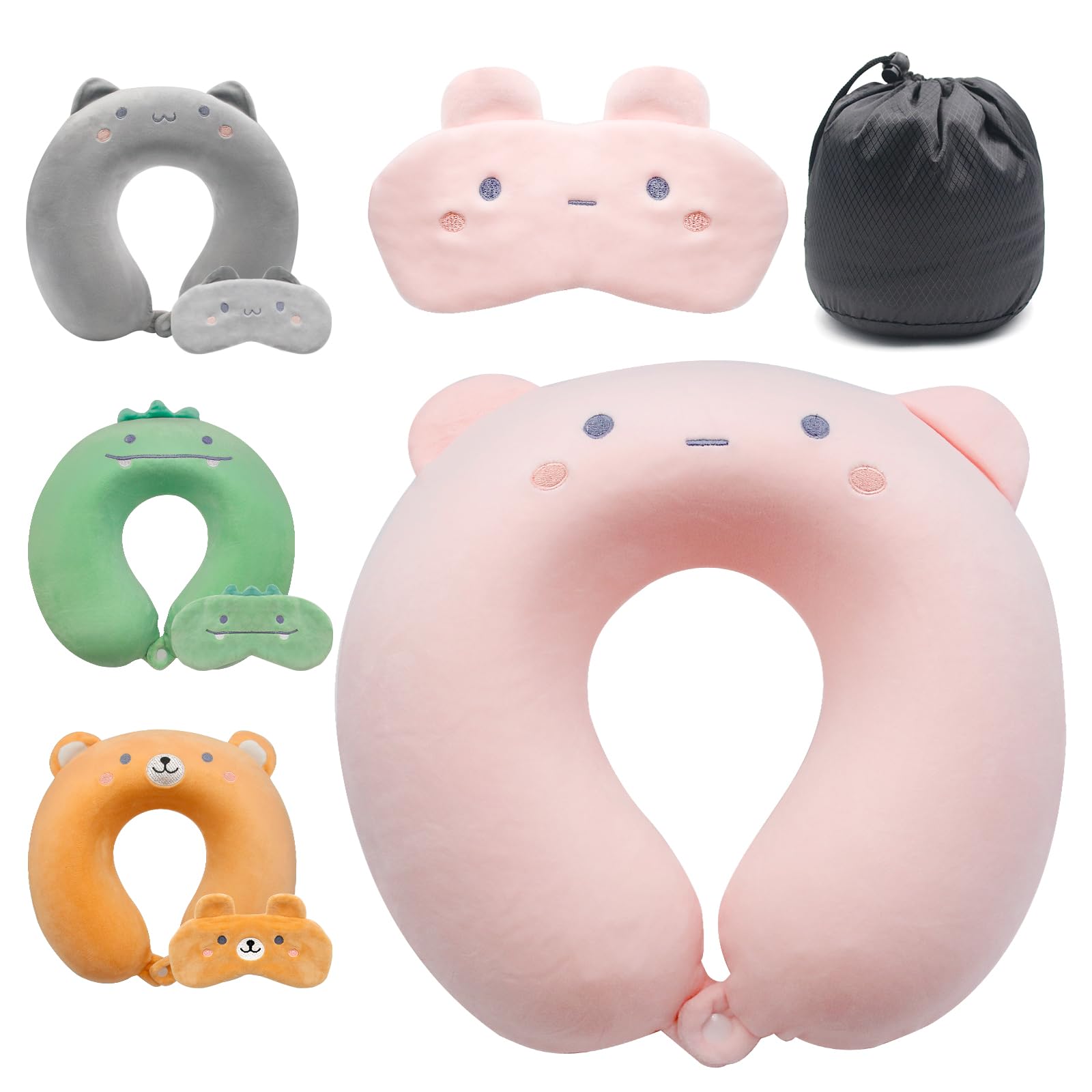 Lookka Bear-Pink Bear Travel Pillow, Cute Neck Pillow For Kid, Memory Foam Neck Support Pillow(Washable Cover) With Cute Eye Mask For Sleeping Rest On Airplane Lightweight Travel Headrest