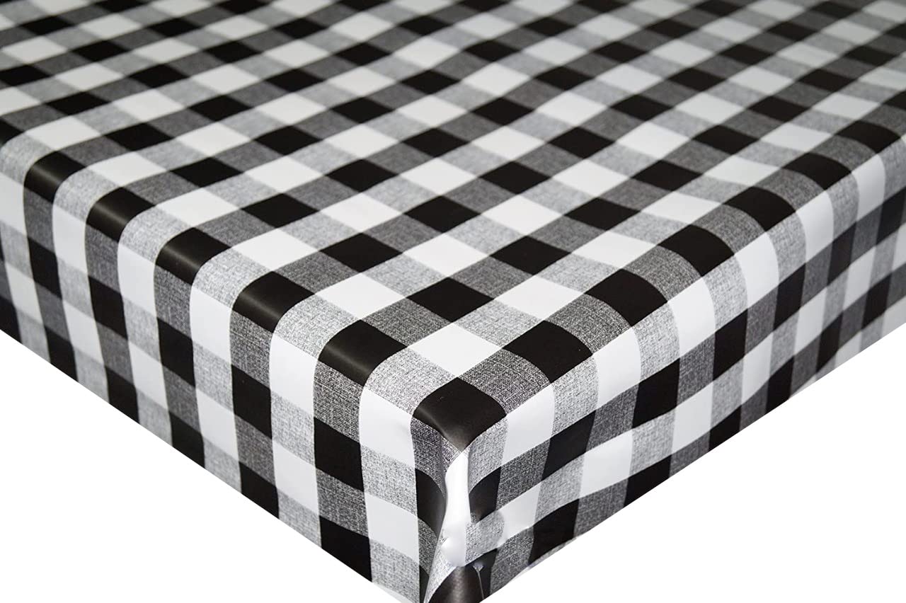 TheFabricTrade Wipe Clean PVC Tablecloth Vinyl Oilcloth Kitchen Table Cover Protector - Black Gingham Checked (135cm Round)