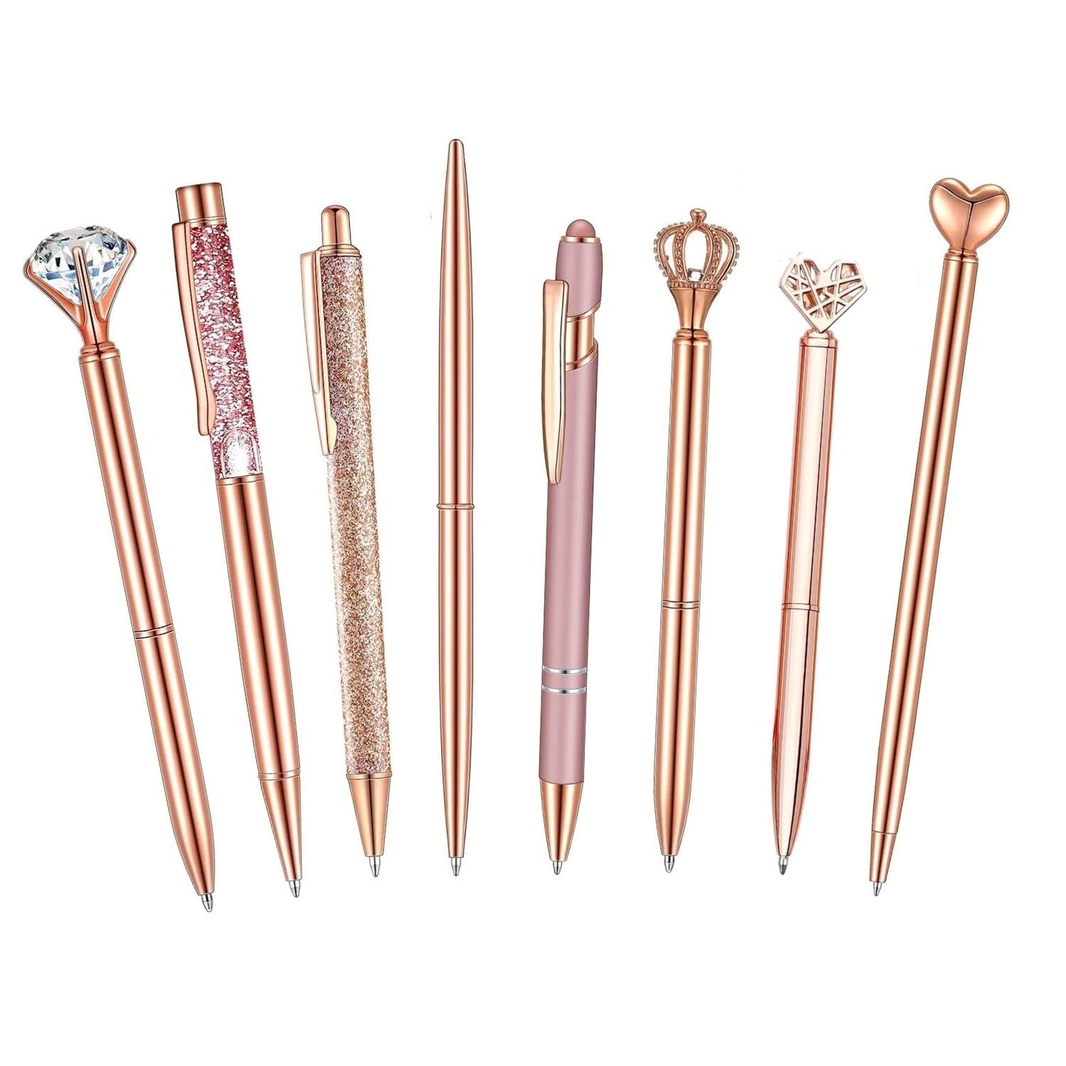 Bolígrafos De Metal Oro Rosa Con Purpurina - Juego De 8, Tinta Negra | Regalos Para Oficina, Boda, Escritorio
