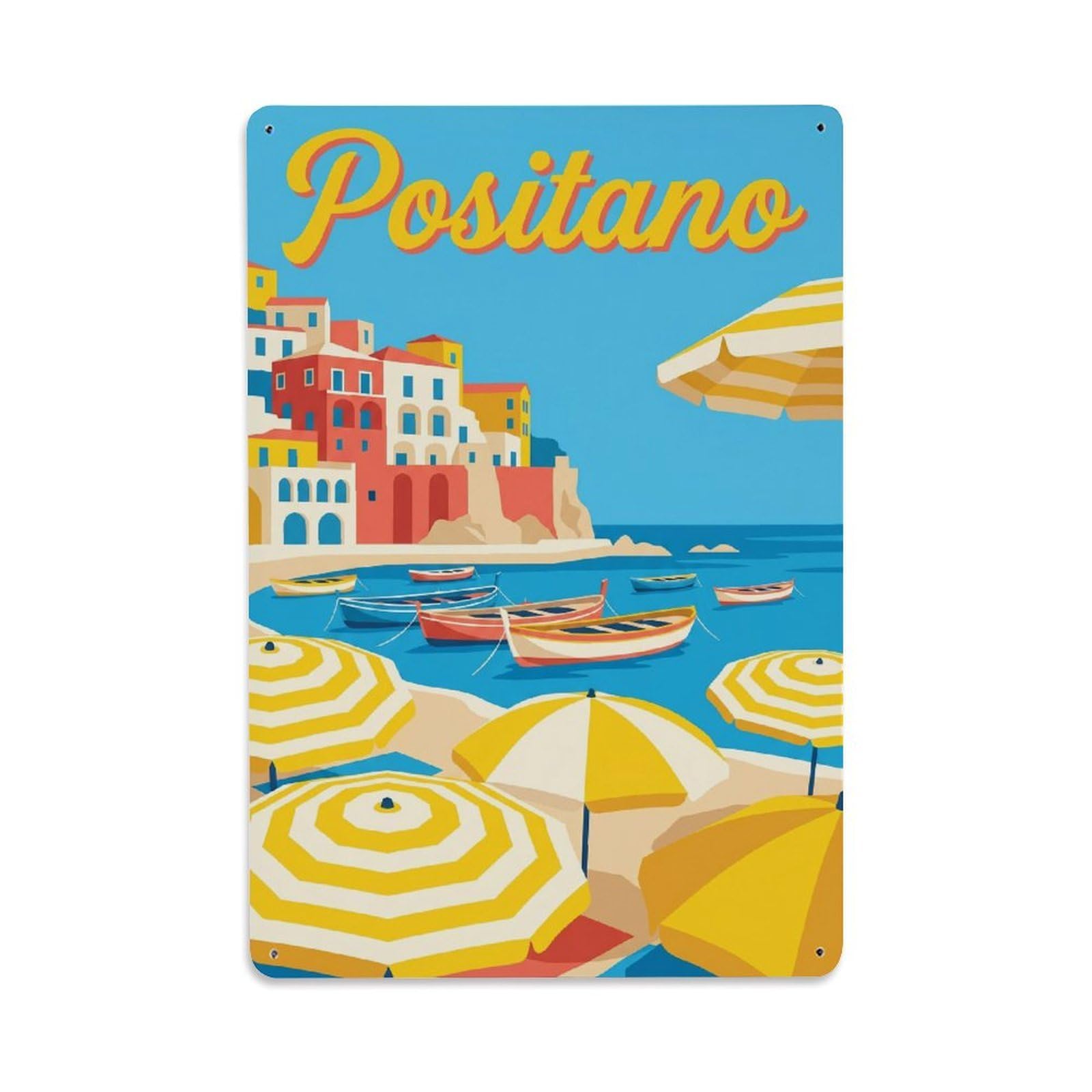 Vintage Travel Positano Italy Azure Metal Tin Sign Plaque Wall Decor for Cafe, Club Bar, Office, Garden Metal Poster 8x12Inch