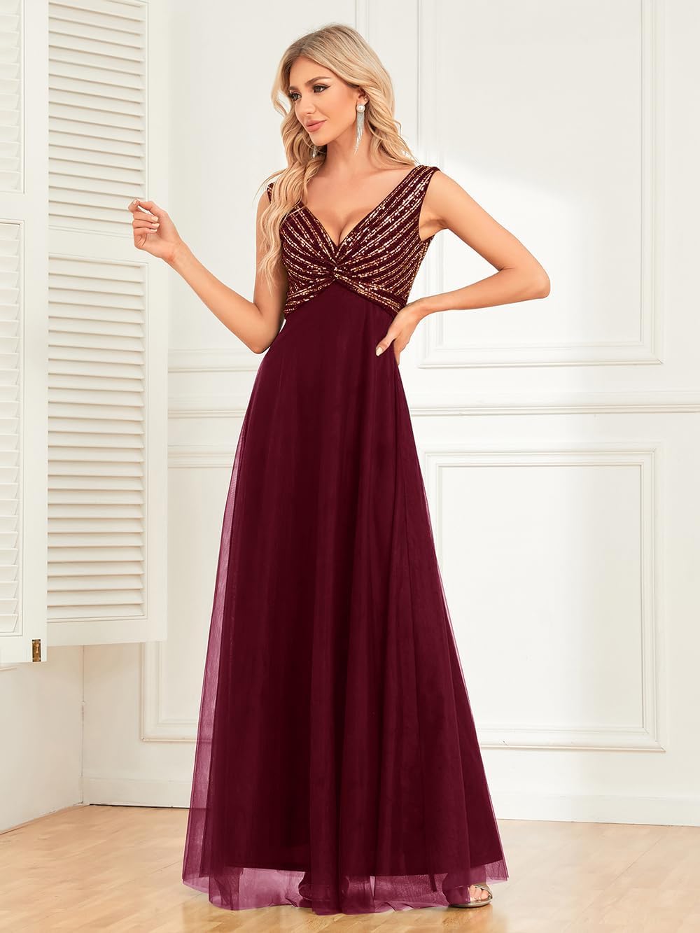 Women's Sequin Sparkly Dresses Evening Gowns Tulle Long Empire Waist Twist Formal Wedding Guest Party Maxi Dress - Image 5