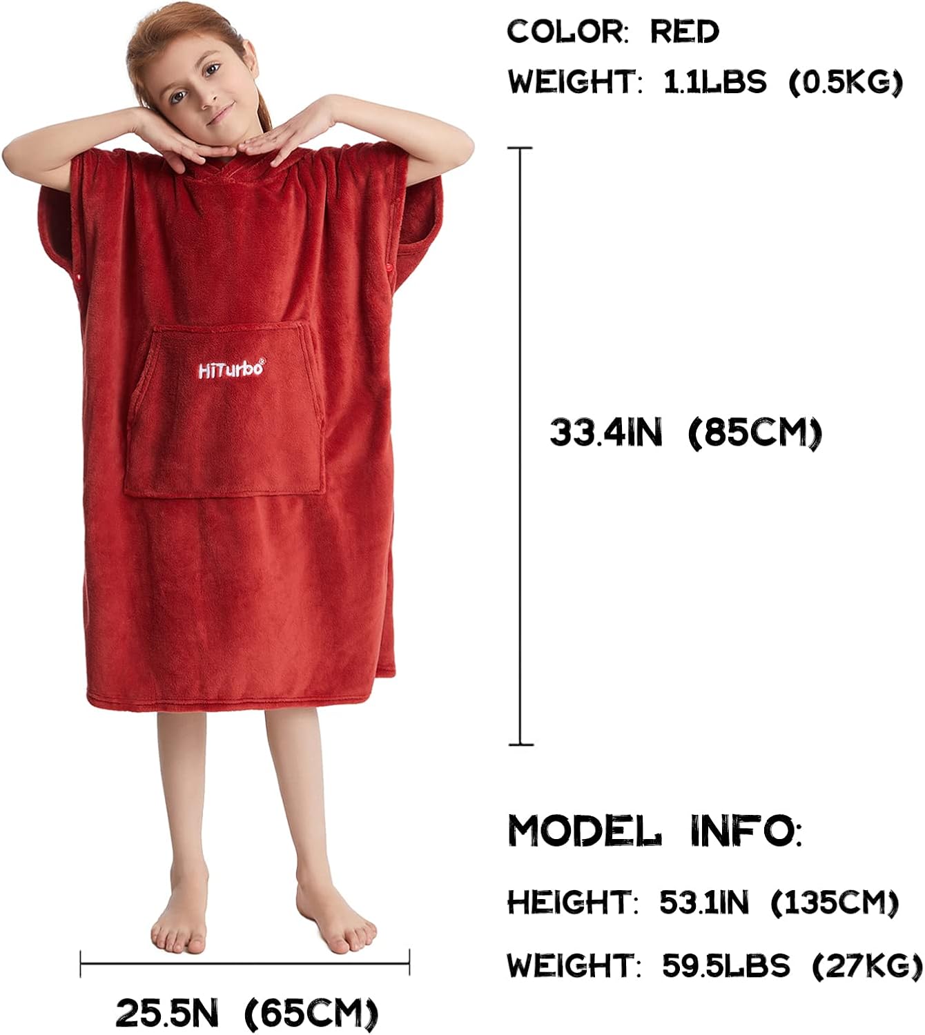 Hiturbo Kids Towel Changing Robe: Soft Plush Bath Towels - Warm Coral Fleece Hoodie - Swim Surf Poncho for 5-12 Years (Red)