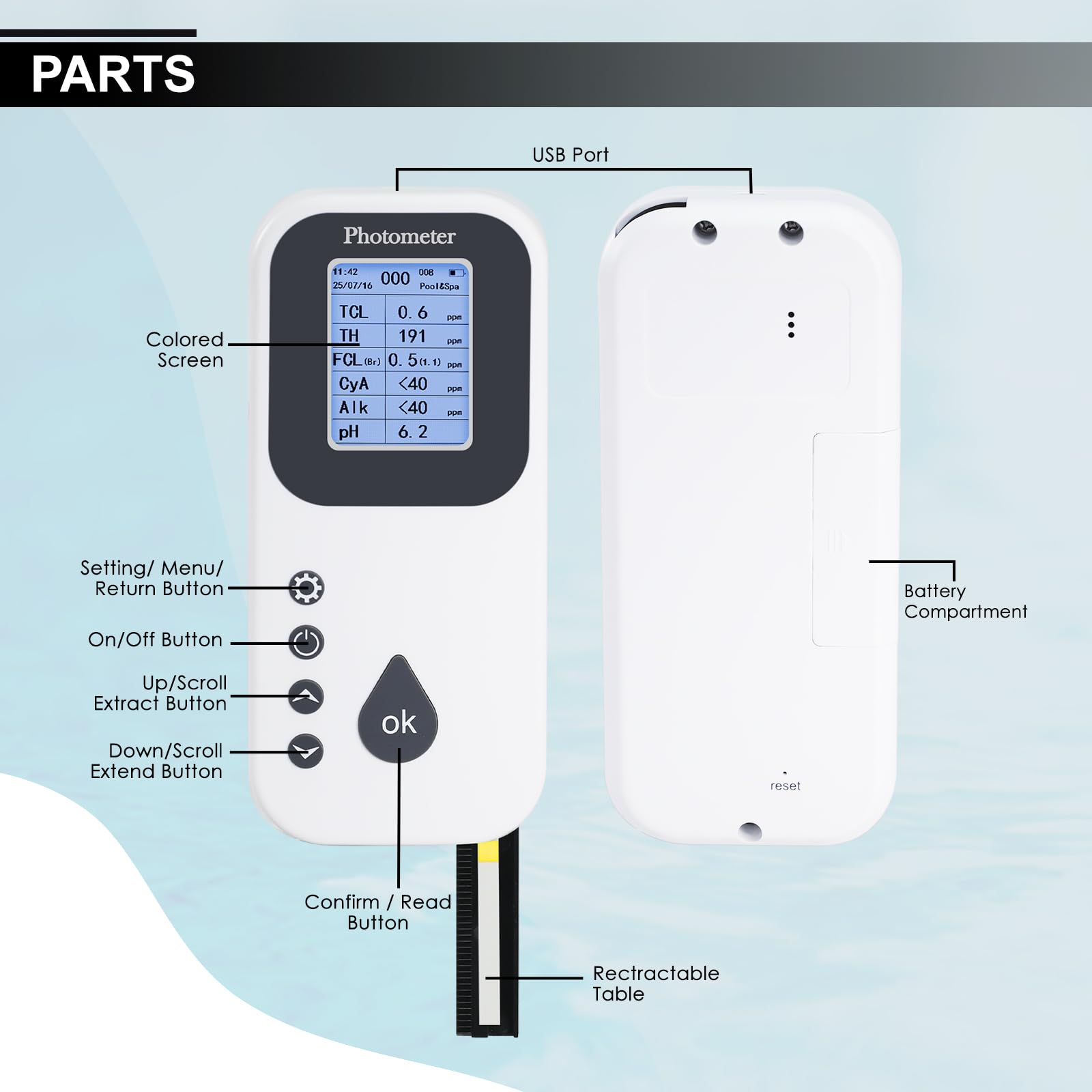 Analizzatore Acqua Digitale per Piscina e Spa Test Kit Professionale per Cloro Libero e Totale, pH, Durezza, Alcalinità, Acido Cianurico, Bromo Tecnologia Fotoelettrica Include Strisce Reattive