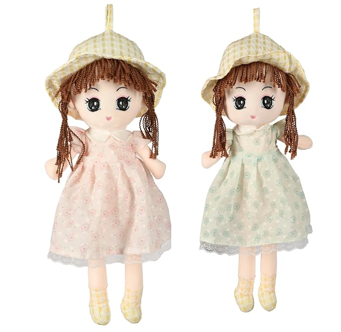 NATKHAT Plush Stuffed Doll Toy, Pink Floral Dress, Soft Fabric, Yellow Hat, 25 cm
