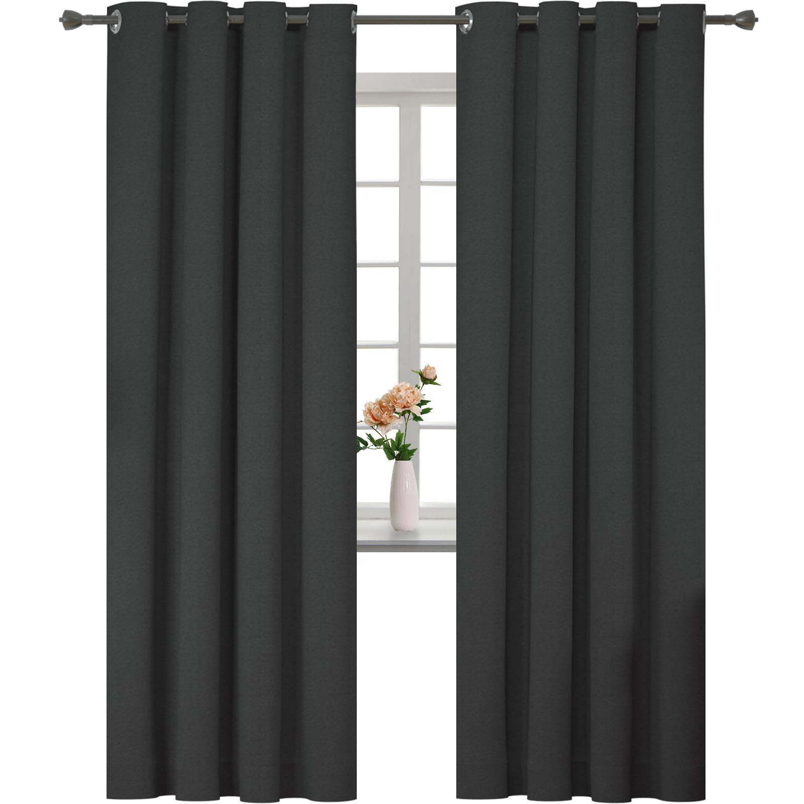 YSTELLAA Cortinas 100% Opacas para Dormitorio 2 Piezas, 140×260cm, Cortinas Salon Efecto Lino, Cortinas Termicas Aislantes Frio Y Calor, Blackout Acustica Curtains con Trabillas, Negro