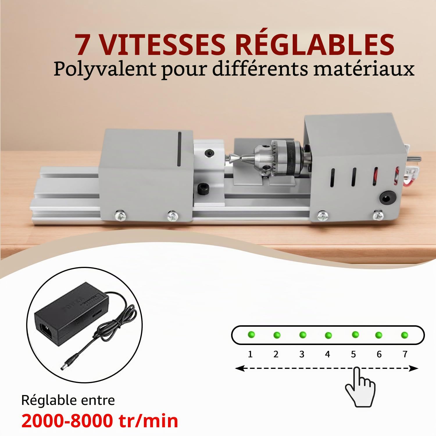 Mini Tour Metaux, Mini Tour à Bois 2000-8000 tr/min avec 7 Vitesses de Réglage, Plage de Serrage de 0.02 à 0.24 Pouces, Tour en Métal pour le Tournage, le Rainurage et le Meulage