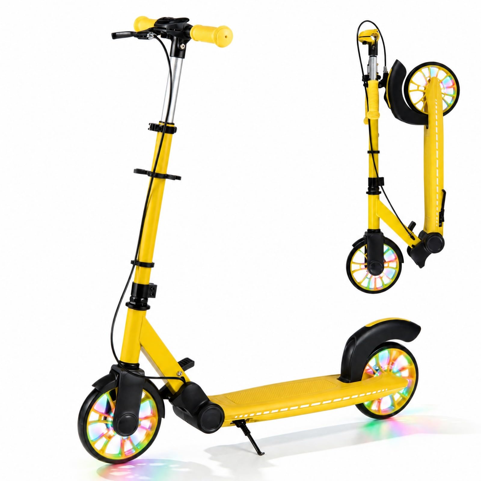 HOMASIS Trottinette Enfant et Adulte, Trottinette Pliable avec 2 Roues Lumineuses, Guidon Réglable en 3 Hauteurs, Béquille, Cadre en Aluminium, Plateforme Antidérapante, Charge 100 kg, 6+ Ans