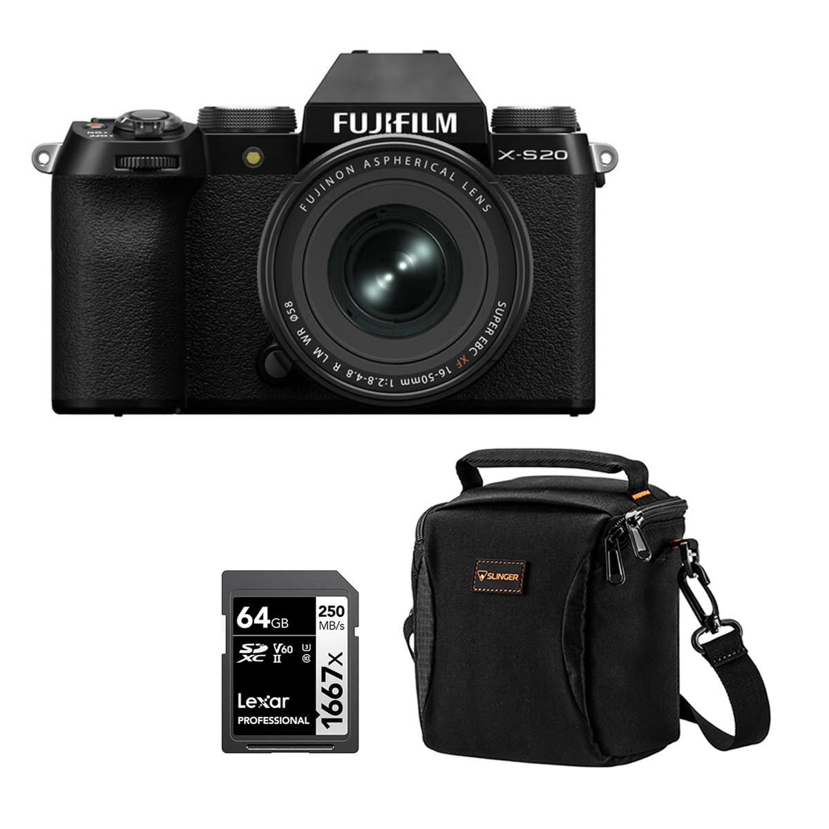 Fujifilm X-S20 Mirrorless Camera with XF 16-50mm f/2.8-4.8 R LM WR Lens, Black, Bundle with 64GB Memory Card and Shoulder Bag