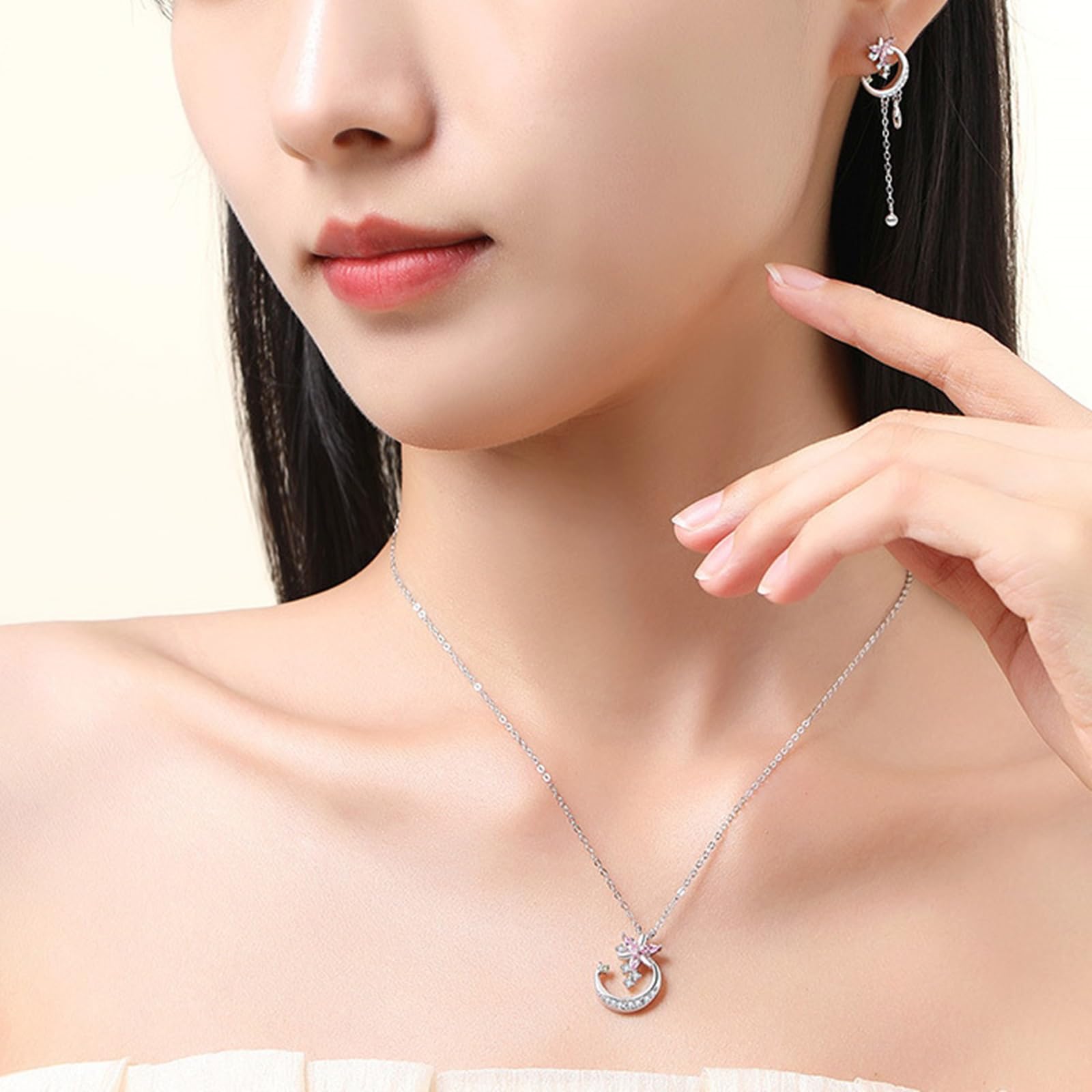 Collar para mujer, joyería de moda, collar con colgante de flor y luna de oro blanco de 9K/14K/18K con zafiro rosa creado en laboratorio y moissanita, cadena alargada: 40 + 5 cm