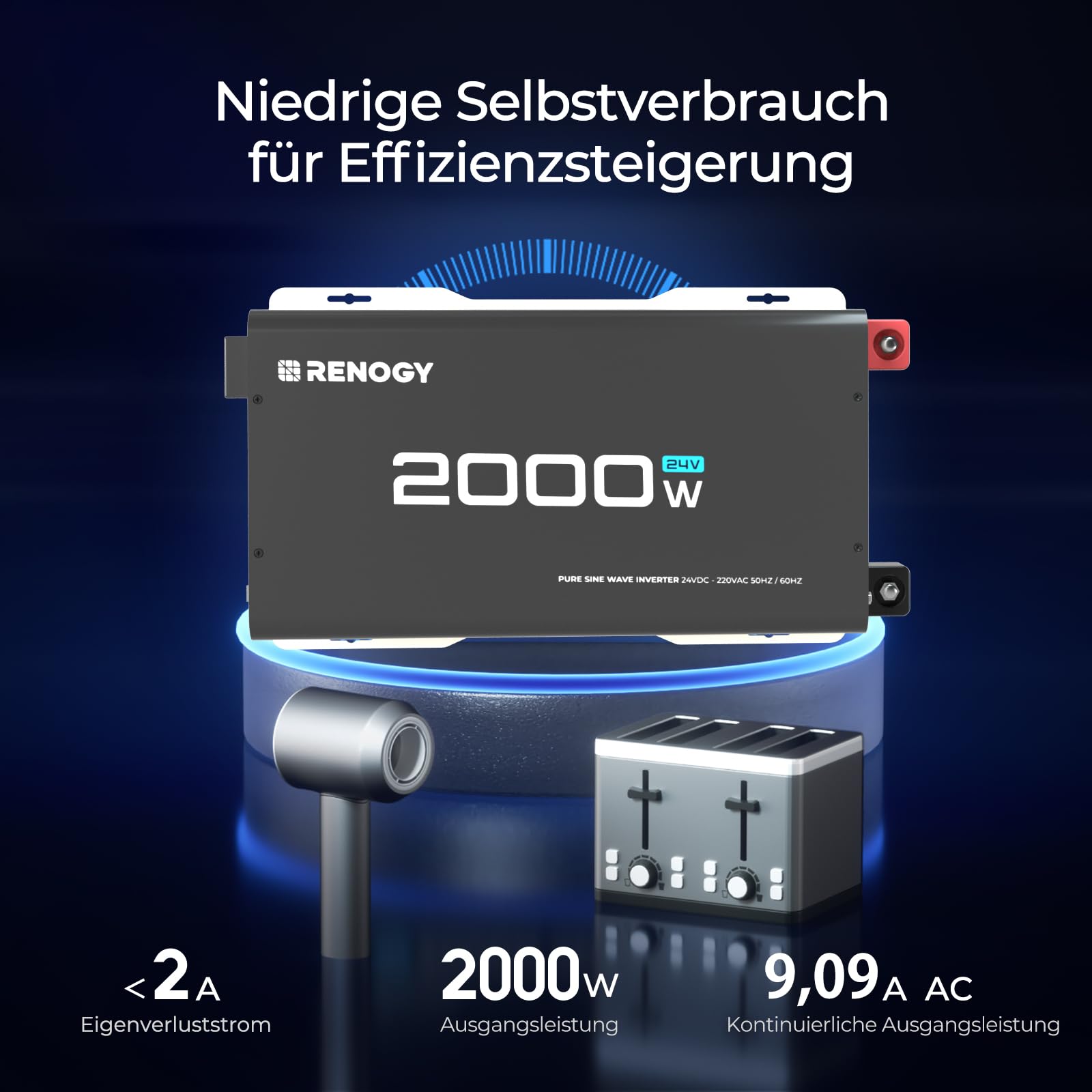 Renogy 2000W/4000W Power Inverter 24v 220v Onda Pura, DC in AC con Presa USB e presa europea per Camper, Camion, Roulotte, Pannelli Solari, Picco 4000W