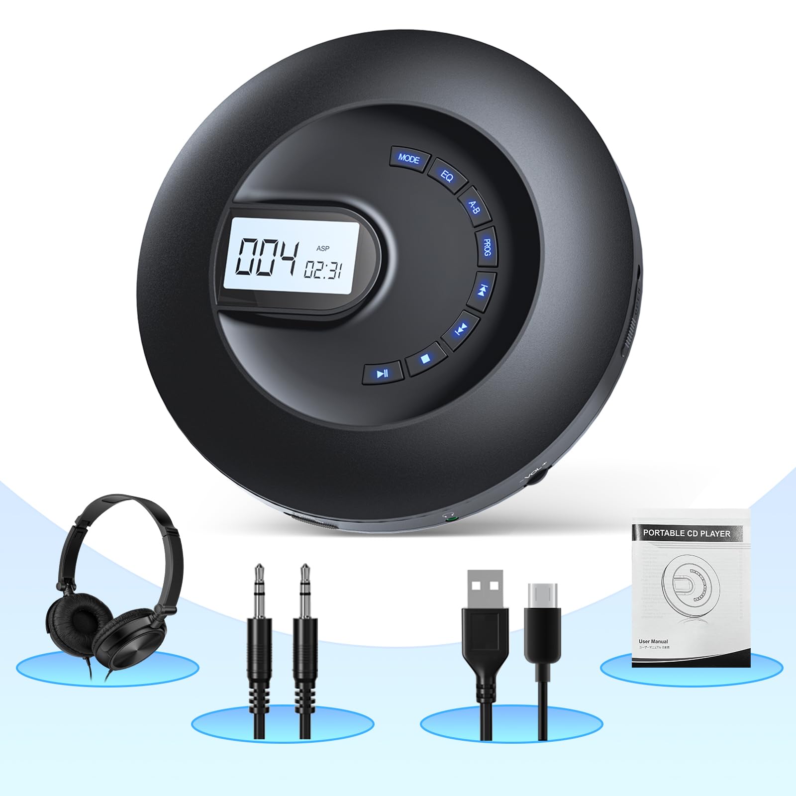 Arafuna Lecteur CD Portable Rechargeable pour Voiture, Lecteur CD avec écouteurs et Anti-Skip/Shockproof, Petit baladeur CD avec écran LCD, câble AUX, rétro-éclairage