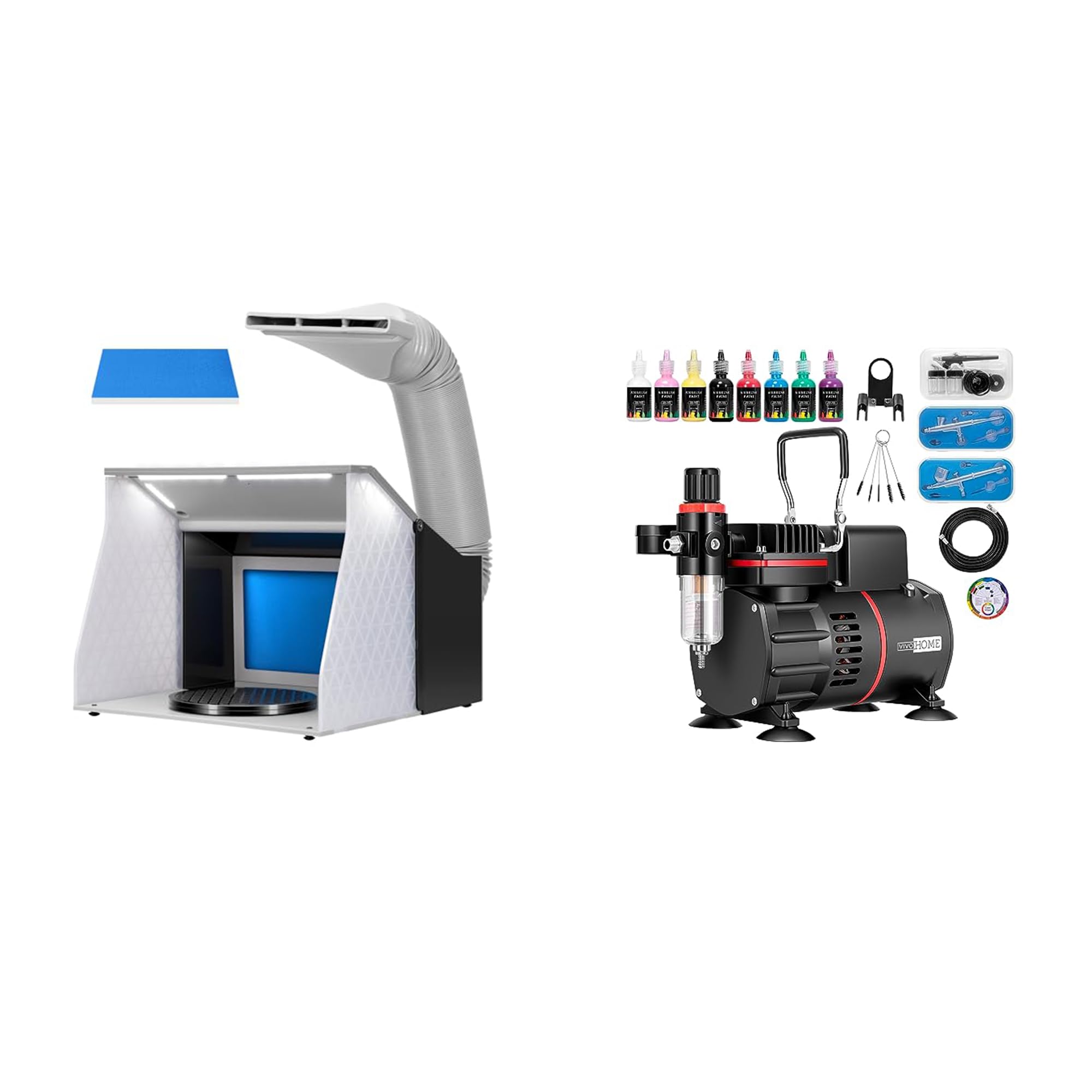 VIVOHOME Dual Fans Airbrush Paint Spray Booth with 4 LED Lights Turn Table and Filter Hose and Dual Fan Air Compressor with 3 Dual Action Airbrush Gun, 8 Primary Opaque Colors, Cleaning Brush, 2 Cup