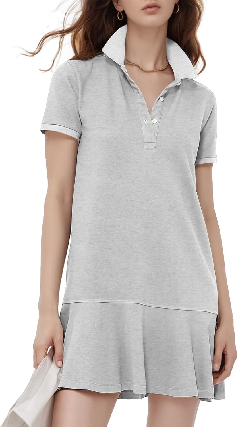 Flygo Womens Polo Dress Collared Short Sleeve Ruffle Golf Tennis T Shirt Sports Workout Mini Summer Dresses Tunic Pique
