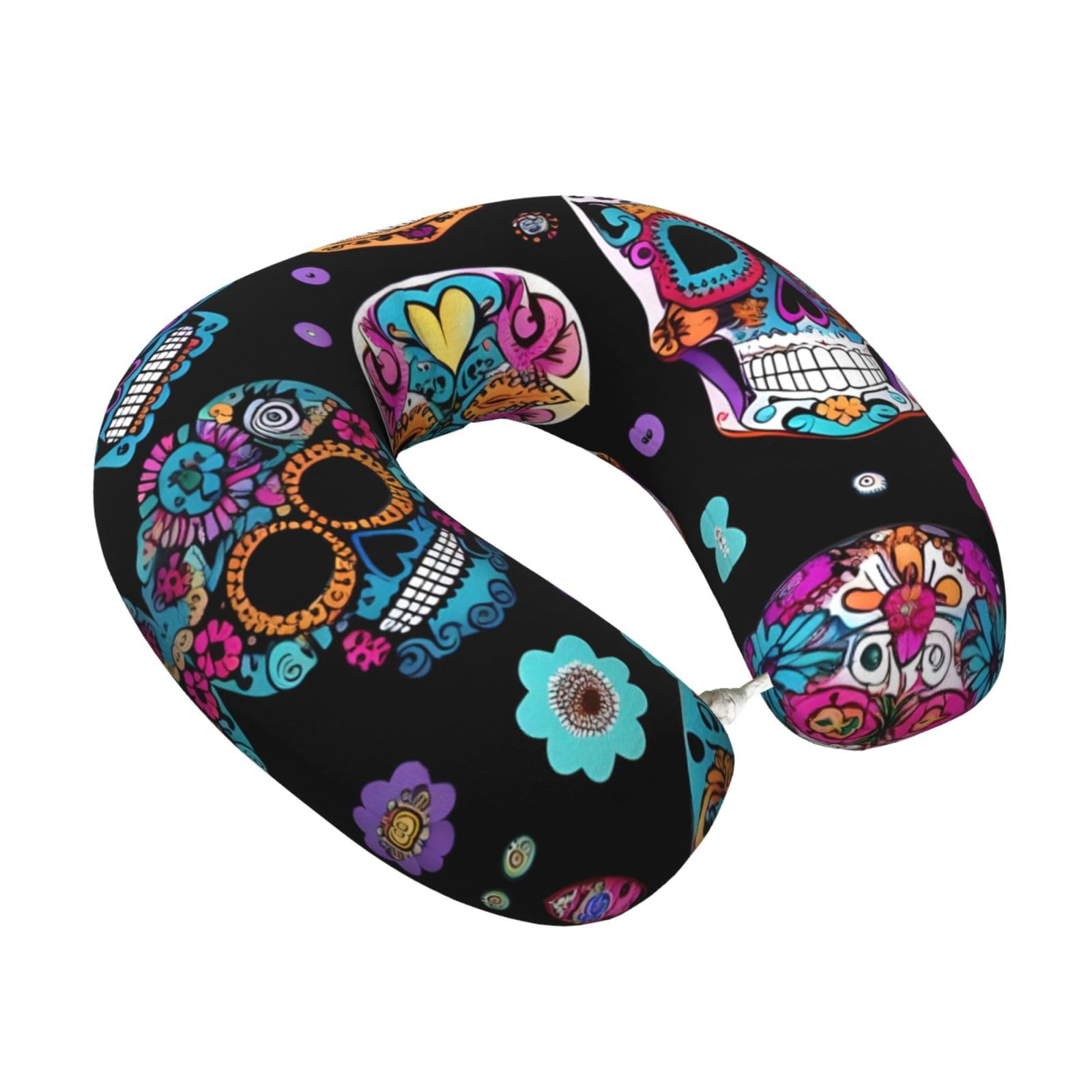 Yyoretp Sugar Skull Print Travel Pillow Pure Memory Foam Neck Pillows Portable Headrest for Airplane
