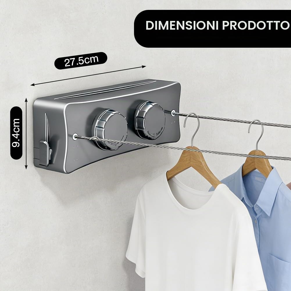 Filo per bucato allungabile, 2 corda in acciaio inox da 5,1 m, filo per bucato a parete estensibile, pulsante di serraggio regolabile per un supporto aggiuntivo, design anti-saggio, adatto per balcone