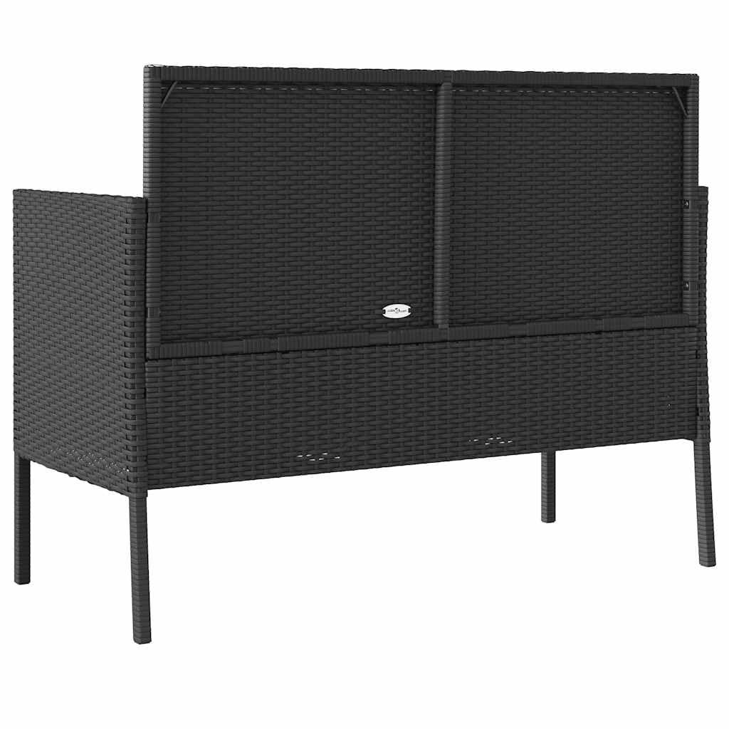 SYDE Banco de Jardín Ratán Sintético Negro con Almacenamiento | Asiento Exterior con Cojín Acolchado, Bolsa Impermeable, Apertura Segura con Resorte de Gas