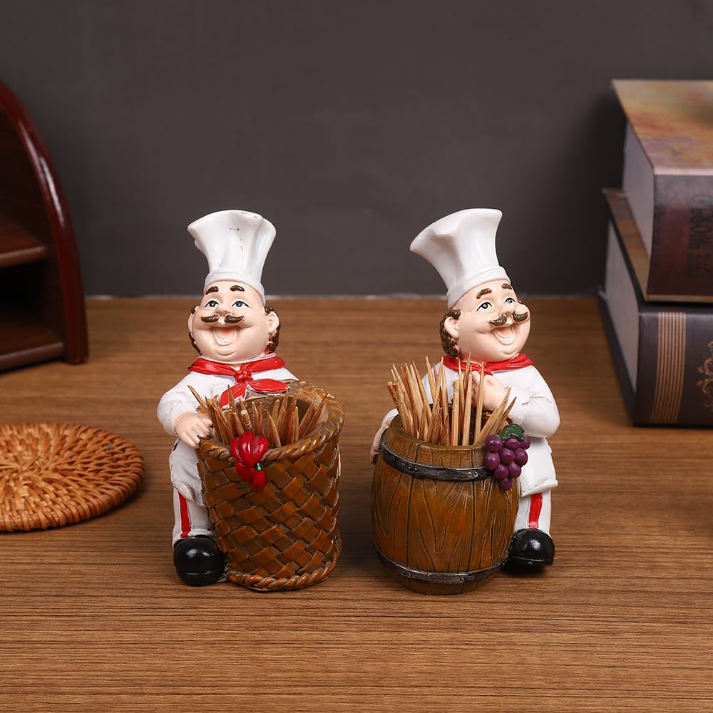 Chef Toothpick Holder,Kitchen Counter DecorCute toothpick bucket,2-Piece Resin Figurines with Basket and Barrel Design,Compact size toothpick holder,SIZE:4*3*3in;Suitable for kitchens and restaurants