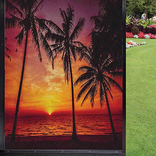 Tropical Frosted Window Film Privacy Window Film,Sunset Tropical Beach With Palm Trees Peaceful Ocean Evening View Resort Kitchen Decoration For Home Office Removable,Orange Black 24" X 36" #TOP28