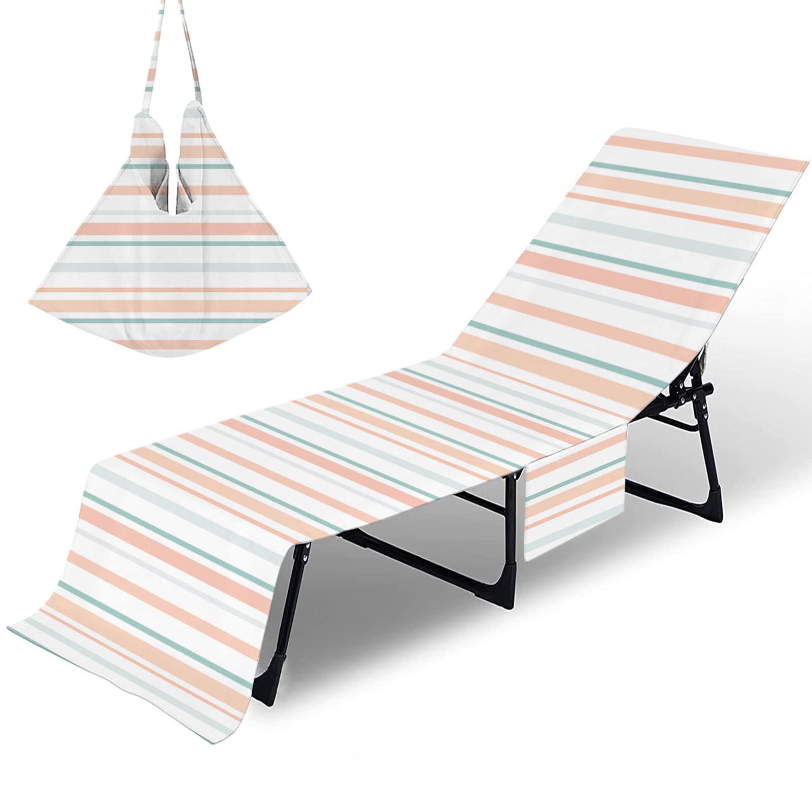 Morbuy Sun Lounger Beach Towel with Pockets, Stripes Pattern Beach Lounger Towel Beach Chair Cover Towel Fitted Microfiber Sunbed Towel Sun Lounger Towels for Summer Vacation (White)
