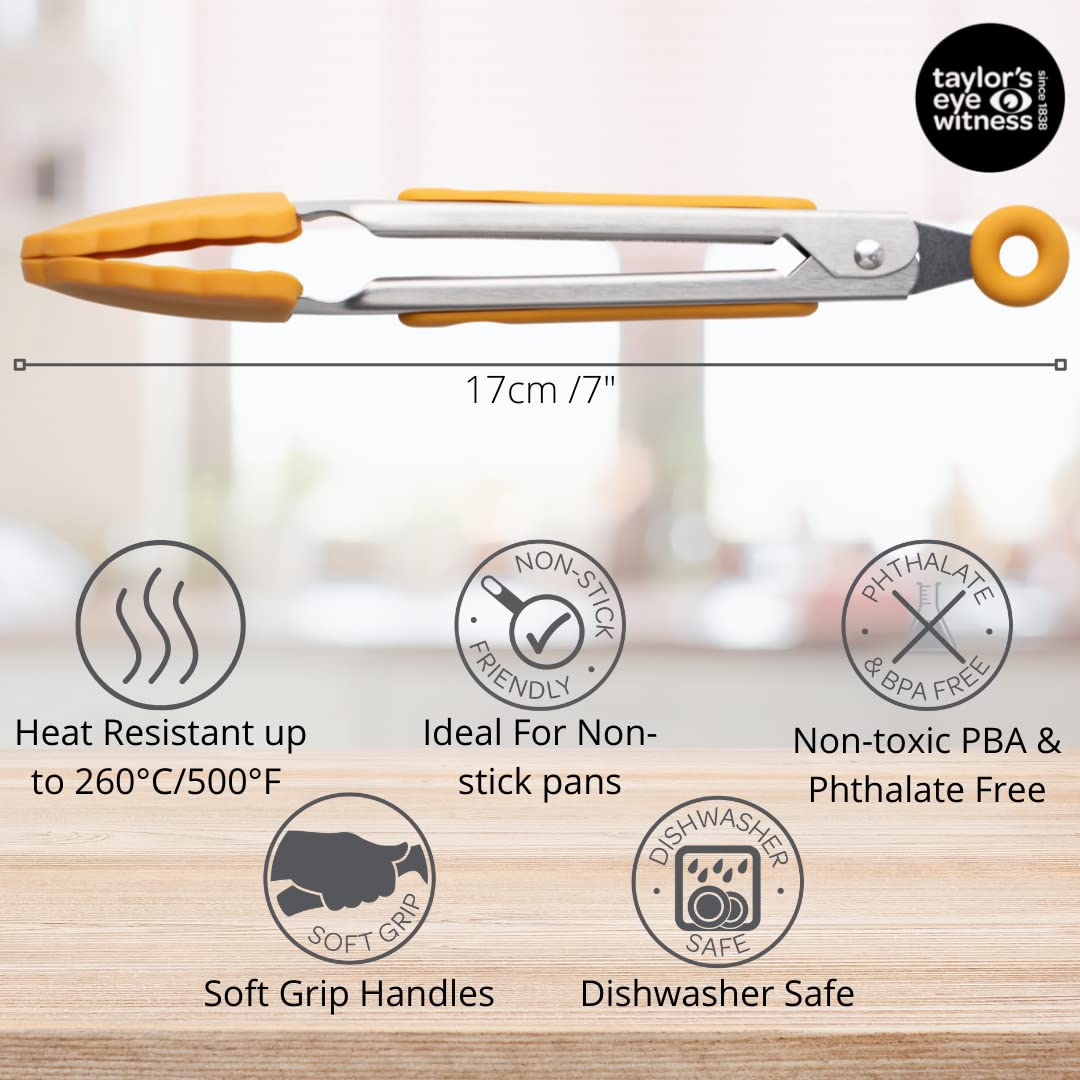 Taylors Eye Witness 2 Small Steel Yellow Silicone Tongs, Dishwasher Safe. Sturdy Build, Non-Scratch Heads - Image 3