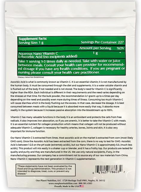 Miniatura 2 de One Planet Nutrition Polvo de nano vitamina C de 8 onzas (227 porciones), ácido ascórbico de extracto de lima, nano para una mayor absorción, apoya