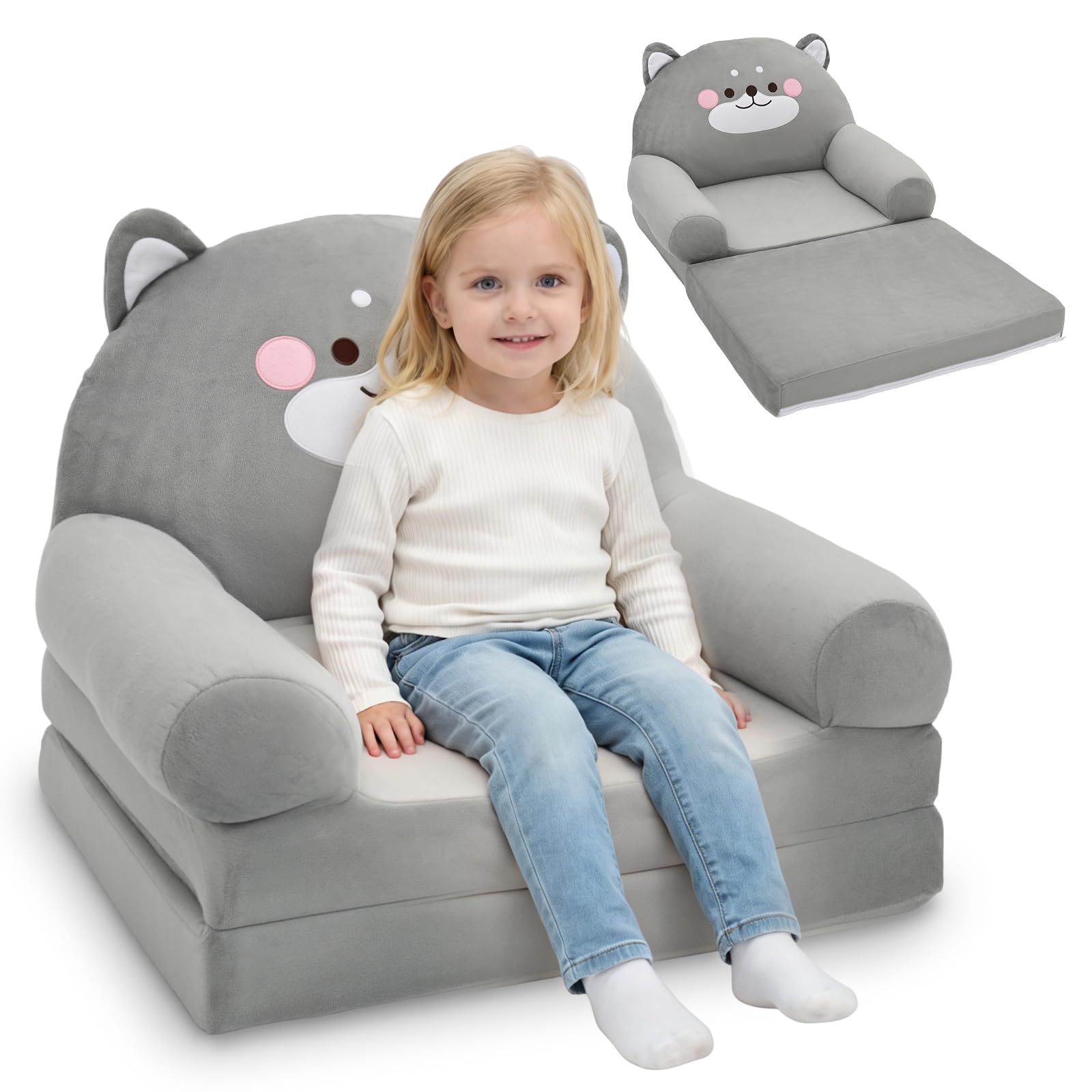 Krzesło dla małych dzieci, wygodna sofa do spania, składana kanapa dla małych dzieci, lekka kanapa dla niemowląt, przenośna kanapa dla dzieci w wieku od 1 do 4 lat (szary pies)