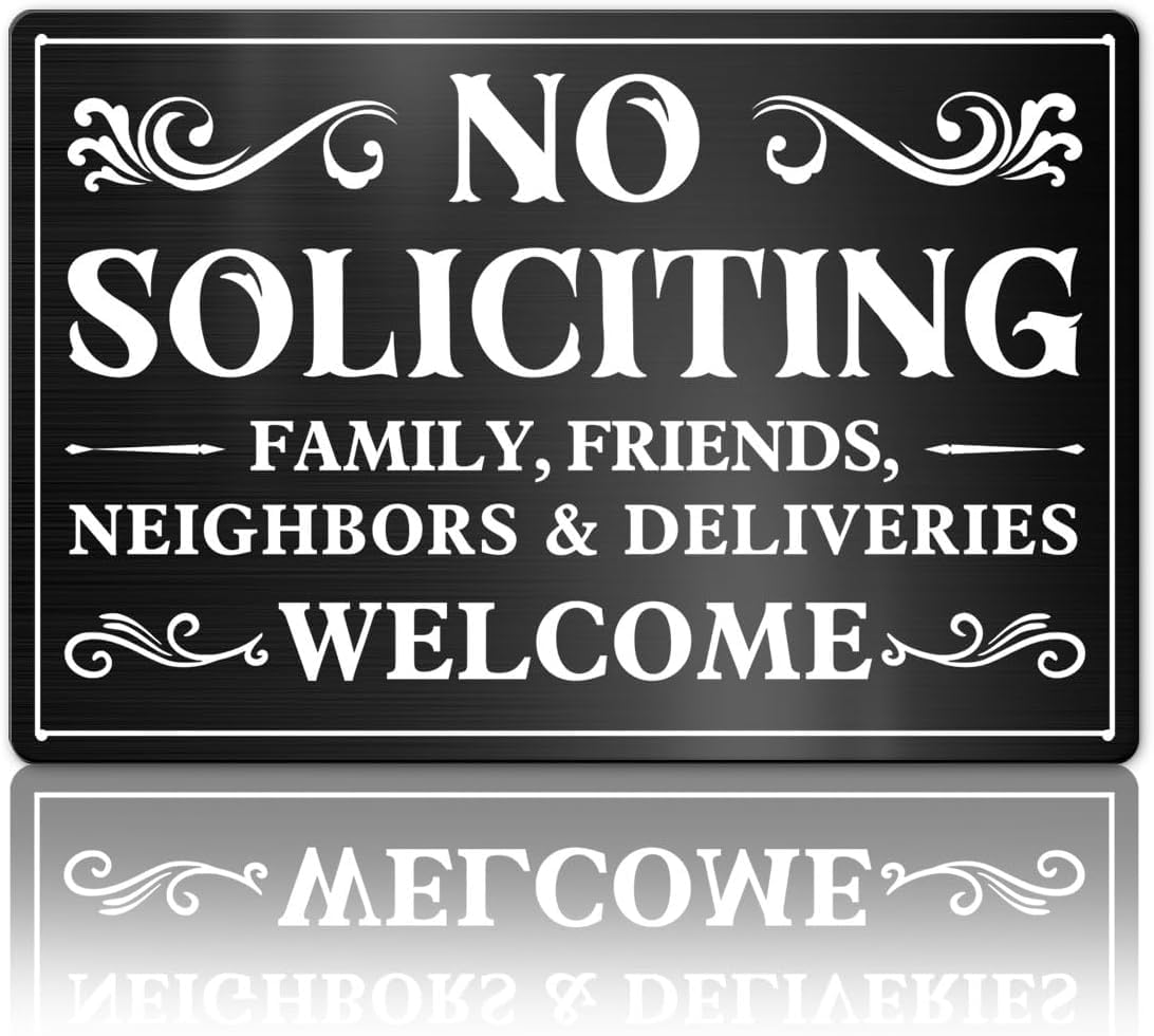 SMAZDFXX No Soliciting Sign for House Front Door, Family, Friends, Neighbors & Deliveries Welcome Metal Signs Decor Home Entryway Wall Yard Door Accessories 5.5"x8"