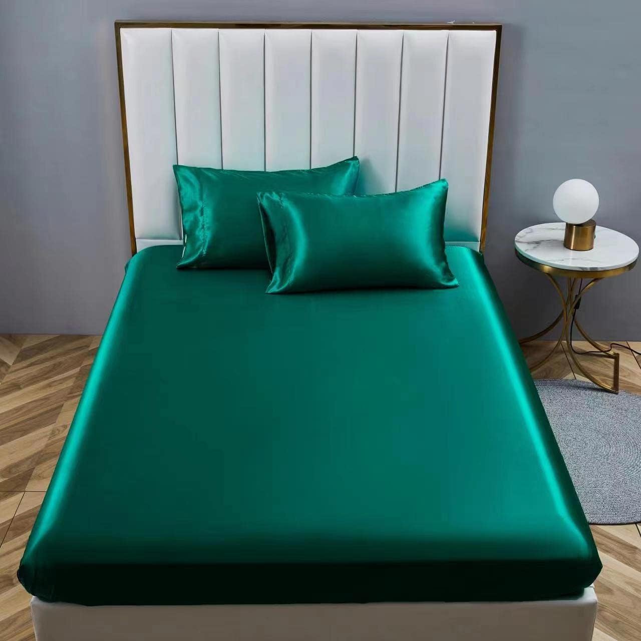 NORCH Dark Green Satin Silk Fitted Sheet Double 36cm - Luxury Sexy Soft - Shrinkage and Fade Resistant