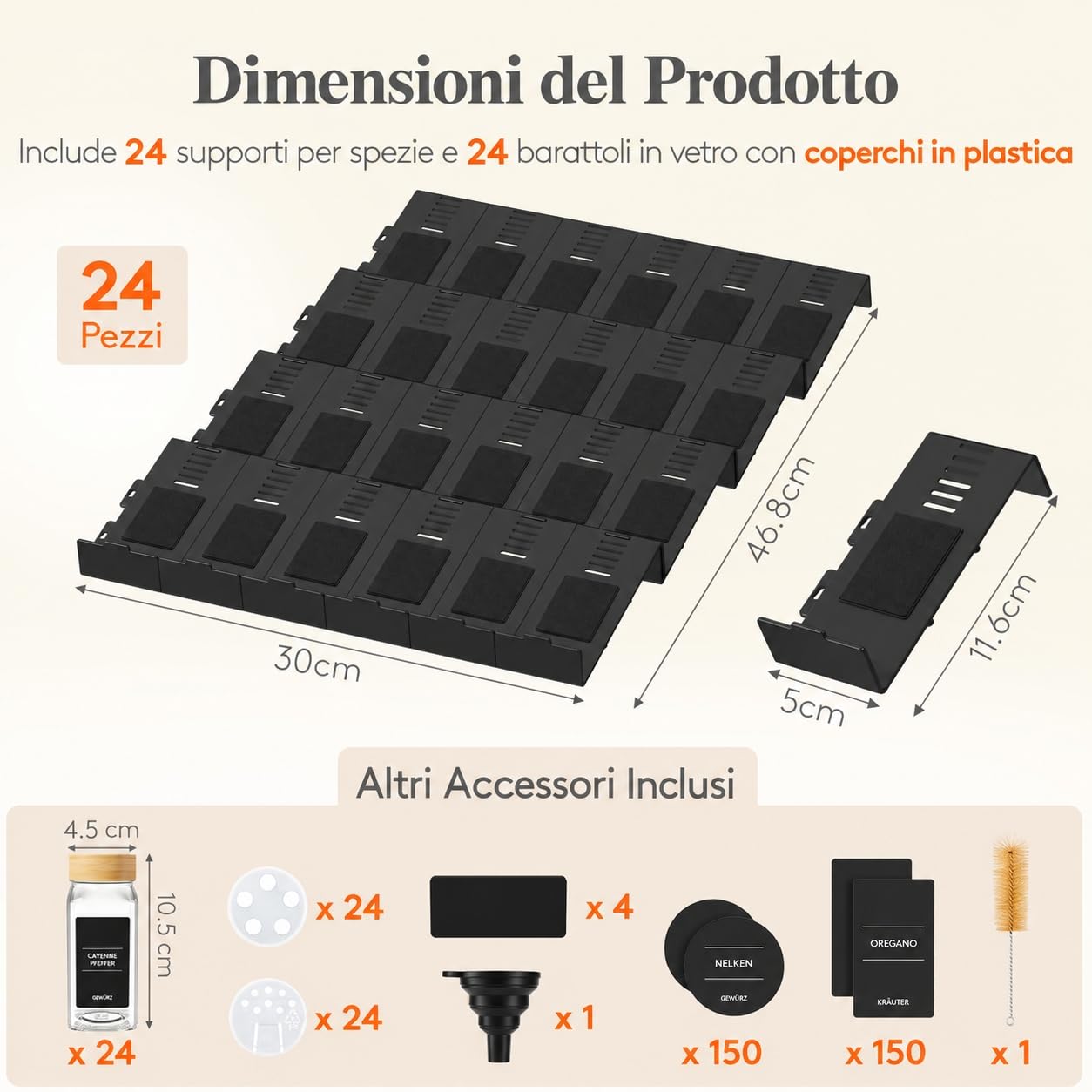 Lifewit Portaspezie con 24 barattoli per spezie e 250 etichette per spezie, organizer regolabile per spezie con coperchio in bambù, inserto per cassetti da cucina, inserto per spezie con barattoli