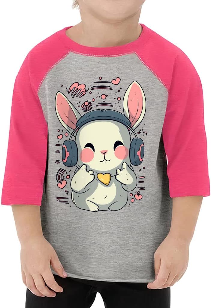 Bunny with Headphones Toddler Baseball T-Shirt - Print 3/4 Sleeve T-Shirt - Animal Art Kids' Baseball Tee