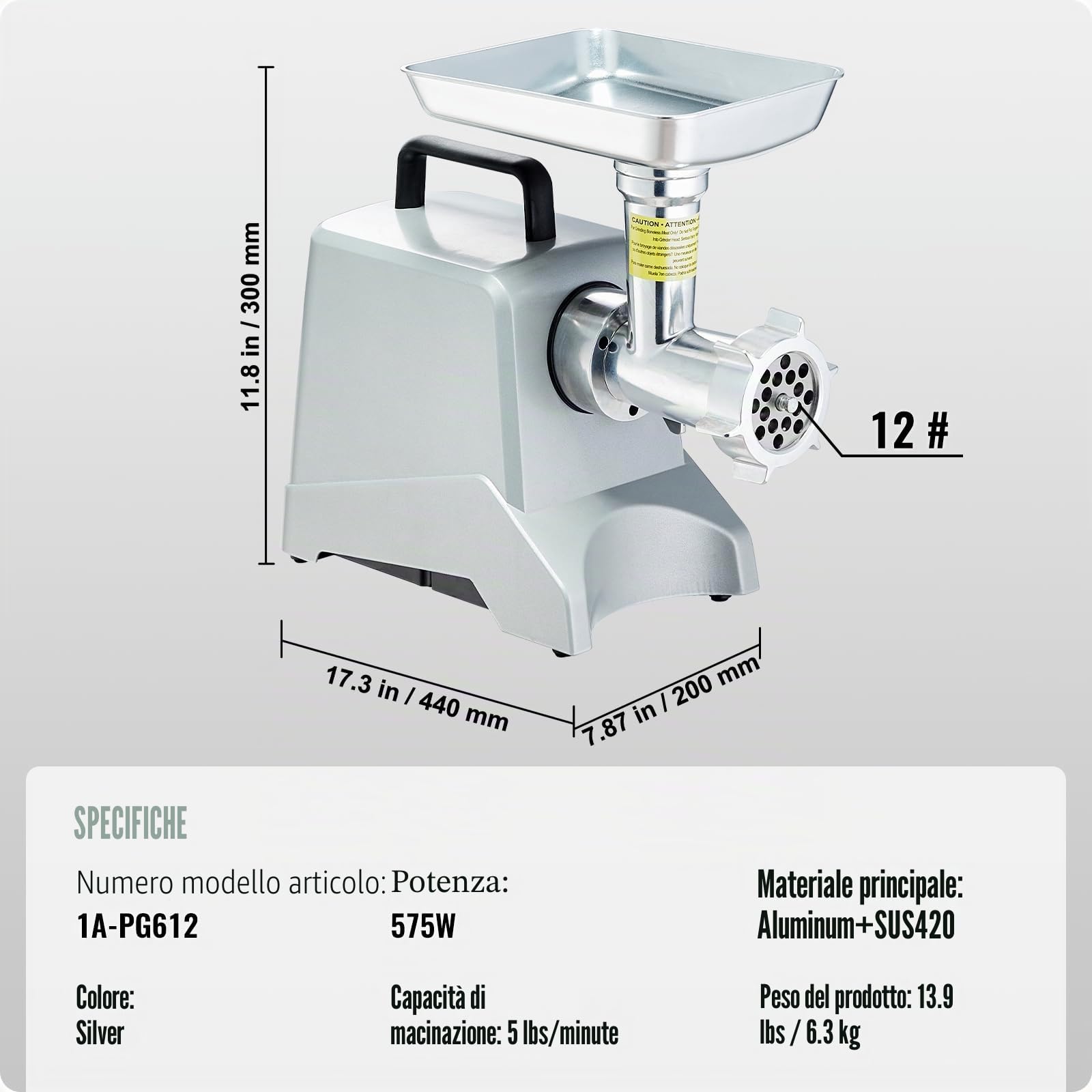 VEVOR Tritacarne Elettrico Industriale con Lama Capacità 2,27 kg/min, 575 W (800 W MAX), Piastra di Macinazione, Lama per Insaccare Salsicce e 3 Tubi, Tritacarne Alluminio 440 x 200 x 300 mm