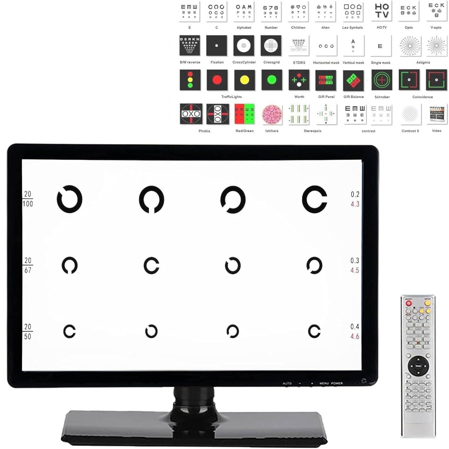 Ottotipo Digitale Con Display Lcd E Telecomando – Tavola per L'acuita Visiva Digitale Con Svariati Bersagli E Modalità Di Visualizzazione, Per Uso Optometrico Professionale(21.5in)