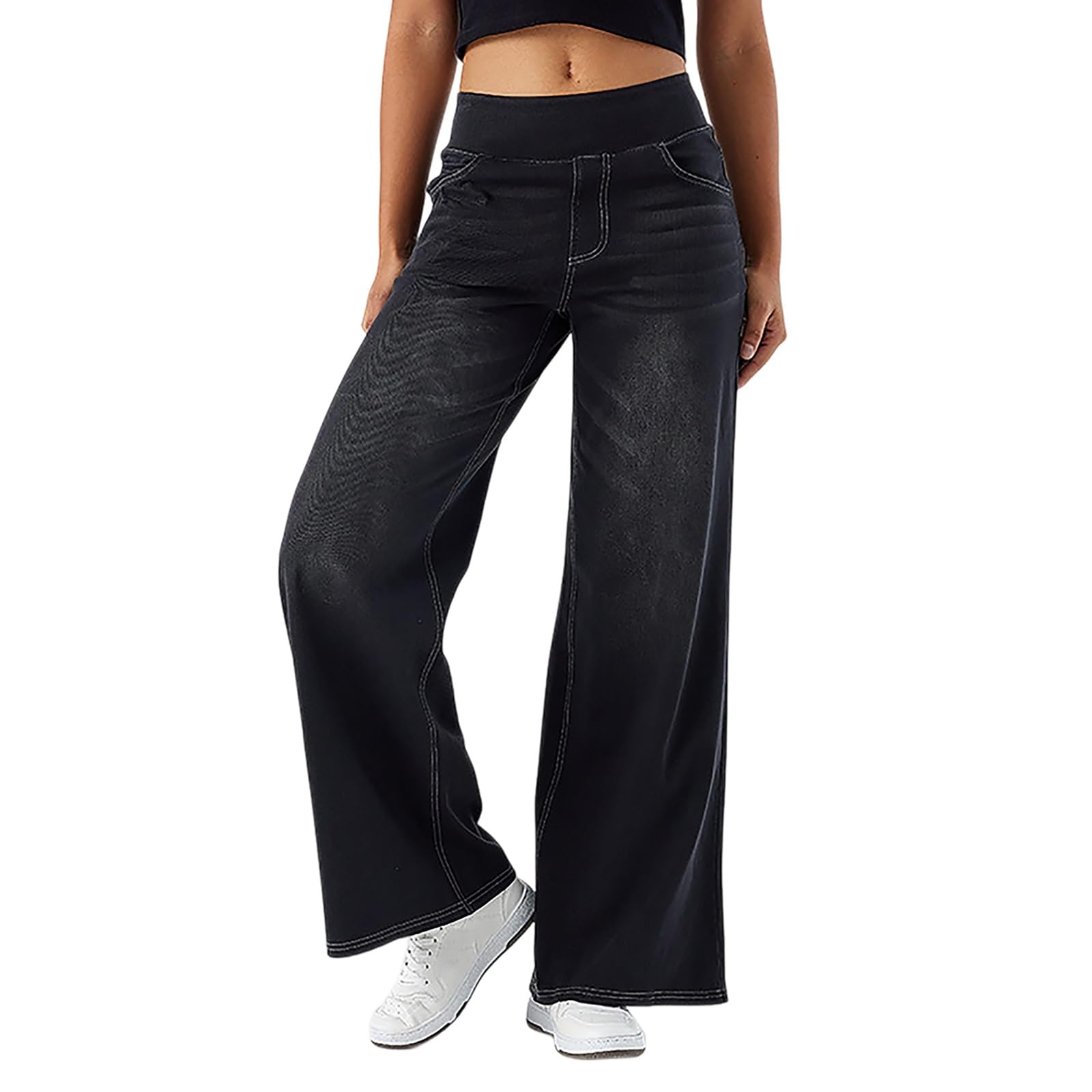 Damskie Jeansy Baggy z Wysokim Stanem Luźne Proste Szerokie Nogawki Jeansy Elastyczne Miękkie Typu Wciągane Jeansy Typu Boyfriend Swobodne Spodnie Jeansowe z Kieszeniami Jednolity Kolor