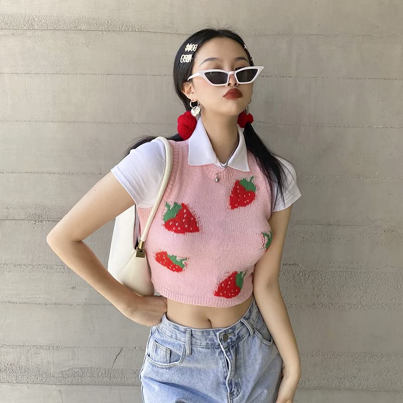 Kawaii Strawberry Knitted Sweater Vest Soft Girl Aesthetic Cute Cropped Pullover Sleeveless Tops4