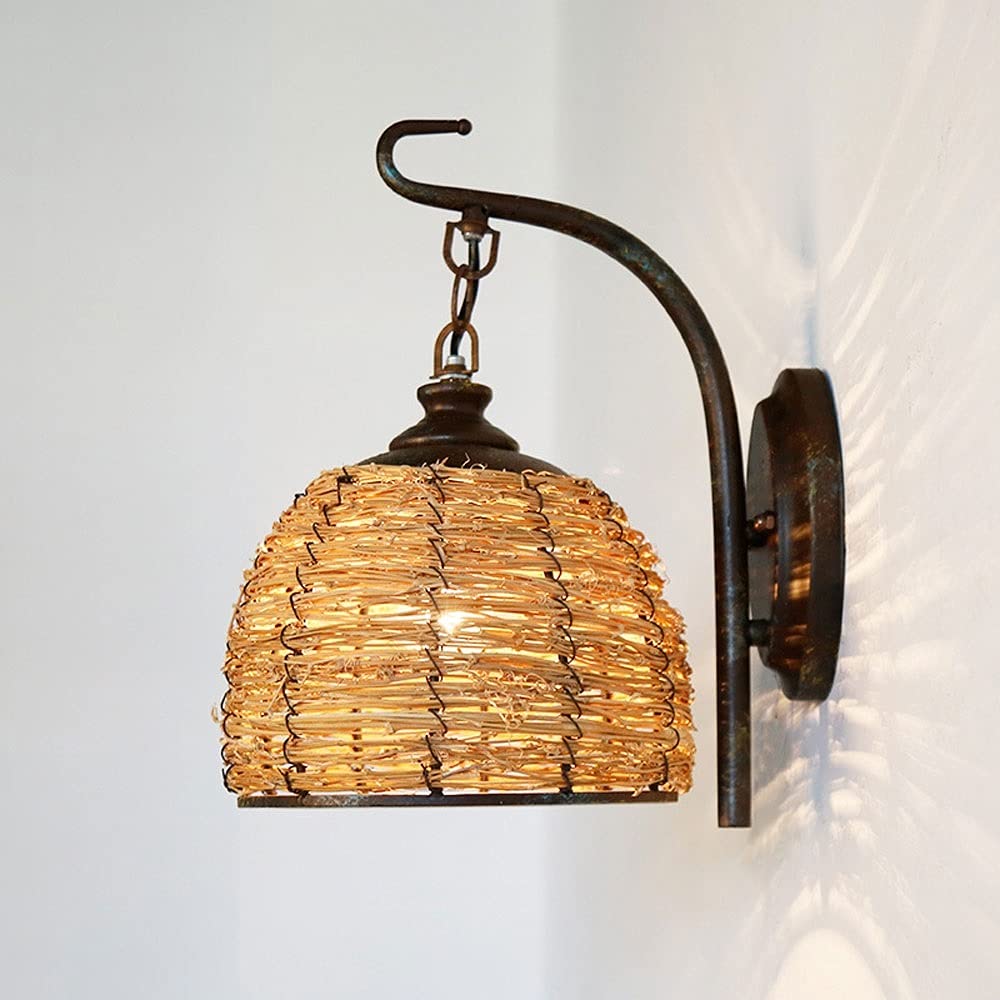 Lampada da parete retrò in stile mediterraneo Nido d'uccello Creativo rattan tessitura Lanterna da parete Sconce Tonalità di vimini Lampada da parete a gabbia E27 per interni per camera Soggiorno