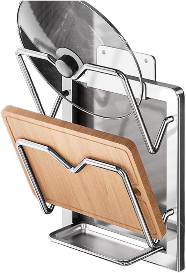 Kitchen Pot Lid Storage Rack, Pot Lid Holder With Tray, Lid Holder While Cooking, Lid And Spoon Rest, Multifunctional Kitchen Organizer Stand for Stove Top (Stainless Steel,Wall-mounted,2 layer)