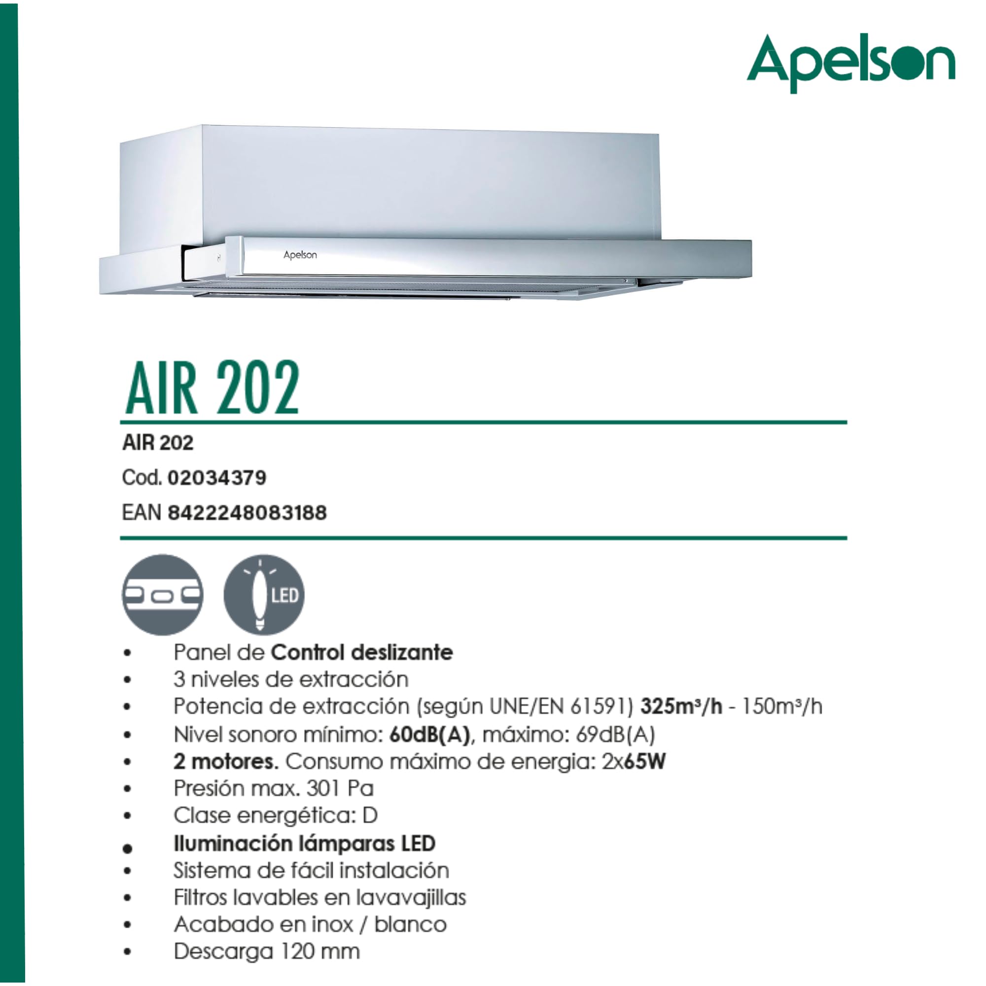 APELSON AIR 202 Campana Extractora Telescópica 60 cm Inox, 2 Motores, 325 m³/h, Iluminación LED, Filtros Lavables, Clase Energética D