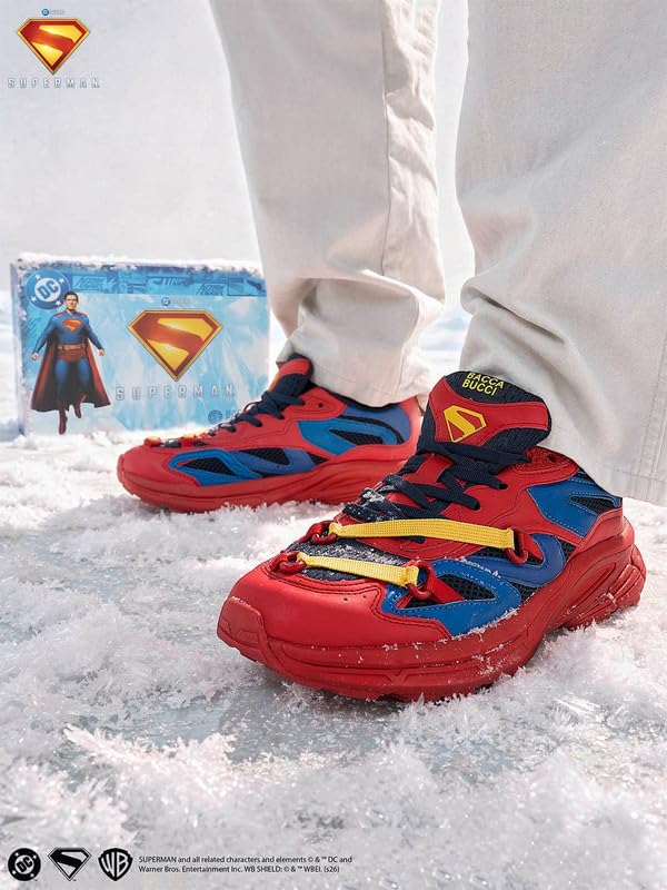 Image of Bacca Bucci Men's Superman Inspired Chunky Sneakers | Casual Sports Shoes with Mesh Panels, Bold Red Blue Yellow Colorway, Statement Streetwear Lace-Up Shoes