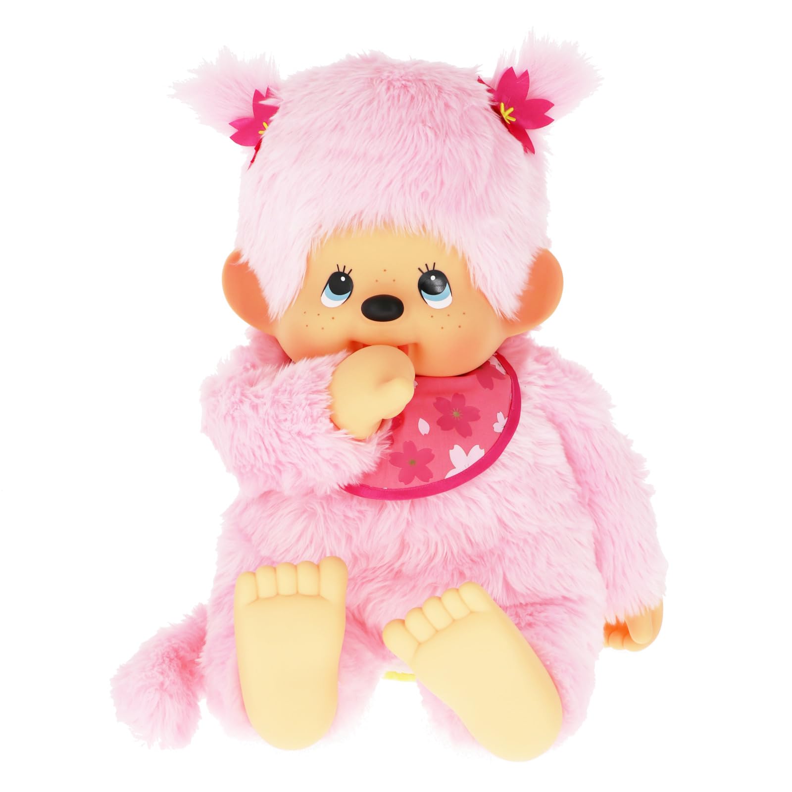 Sekiguchi Original Monchhichi Mädchen Kirschblüte, ca. 80 cm | Plüschtier mit Lätzchen und Zöpfen mit Blumen, Kuscheltier aus rosa Plüsch, 242429