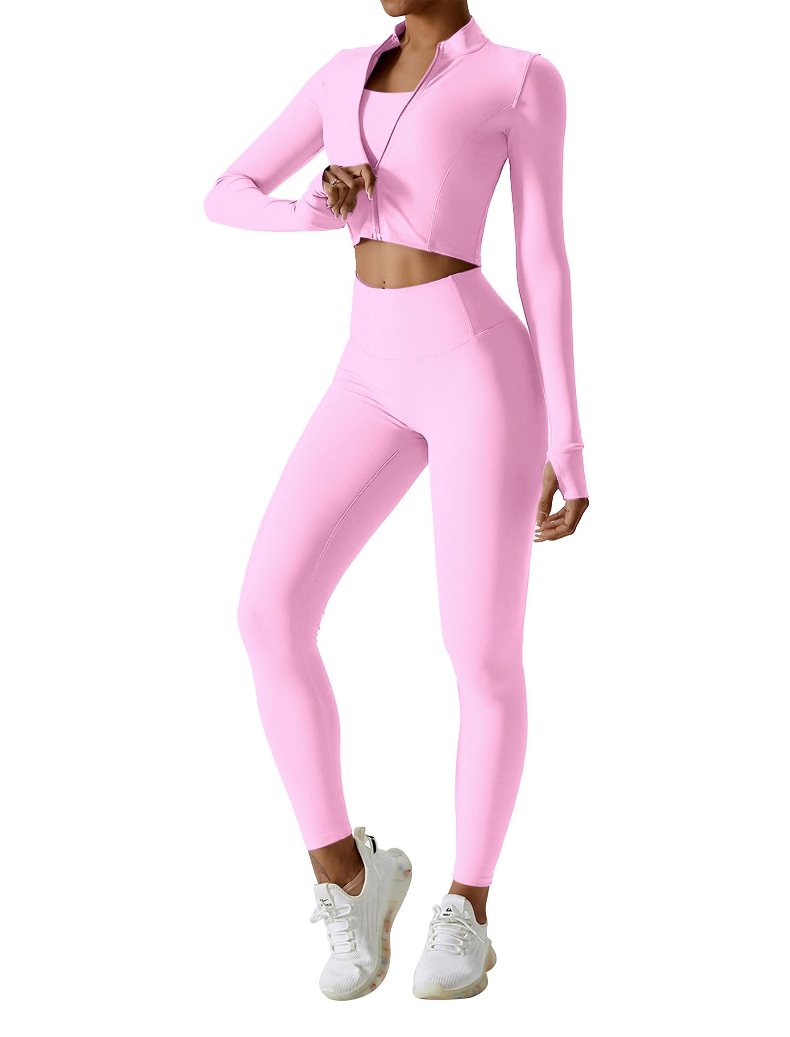 Set da allenamento da donna, 3 pezzi, giacca a maniche lunghe con cerniera, top corto, leggings da yoga a vita alta, set da palestra e atletica, Rosa, Small