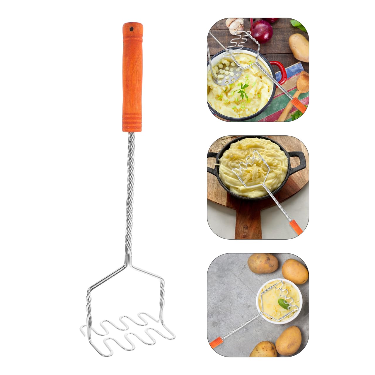 Hemoton Handkartoffelstampfer Edelstahldraht Stampferplatte Manuelle Bohnenstampfer Ricer Kartoffelpüree Werkzeug mit Holznadel für Kartoffeln Gemüse Obst